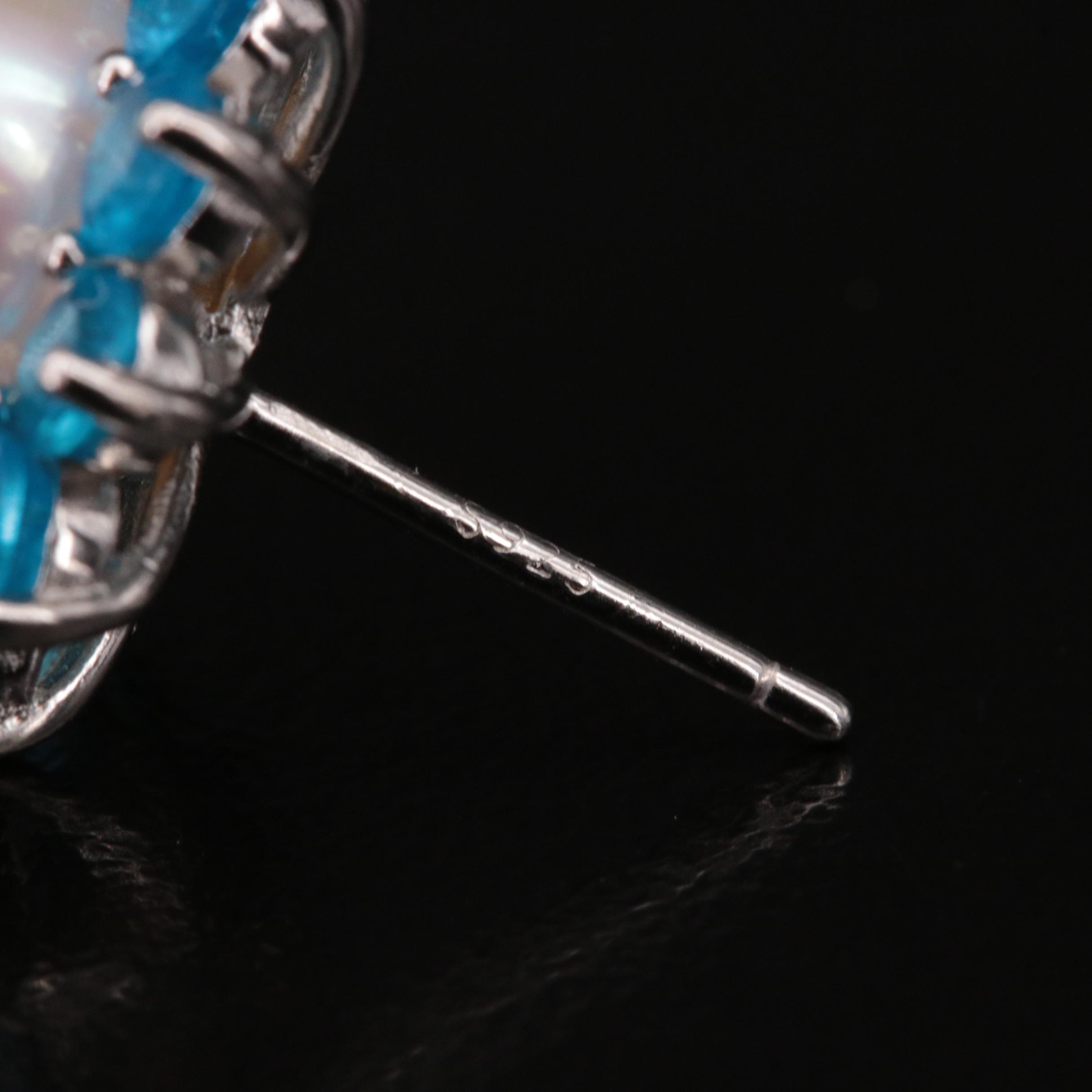 Sterling Pearl and Apatite Sunburst Halo Stud Earrings