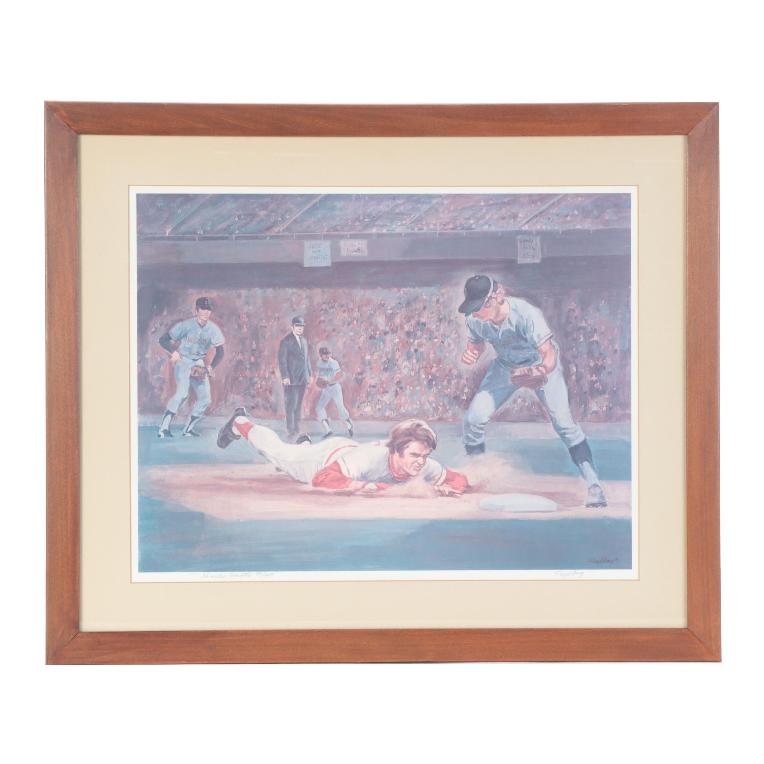 Pete Rose "Charlie Hustle" Numbered Framed Lithographic Print By Floyd Berg