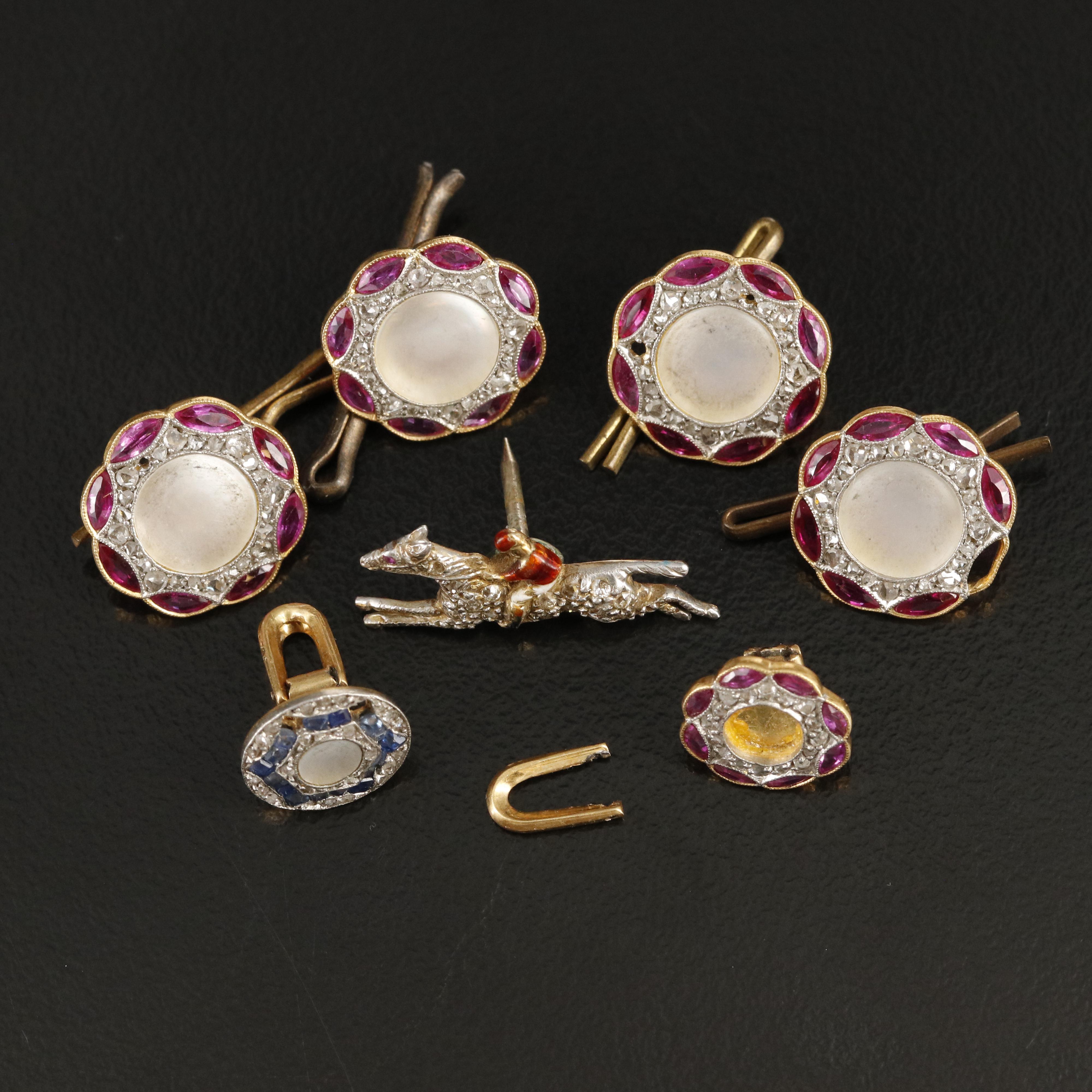 Scrap Platinum, 18K, 14K Buttons and Pin Including Ruby, Sapphire and Diamond