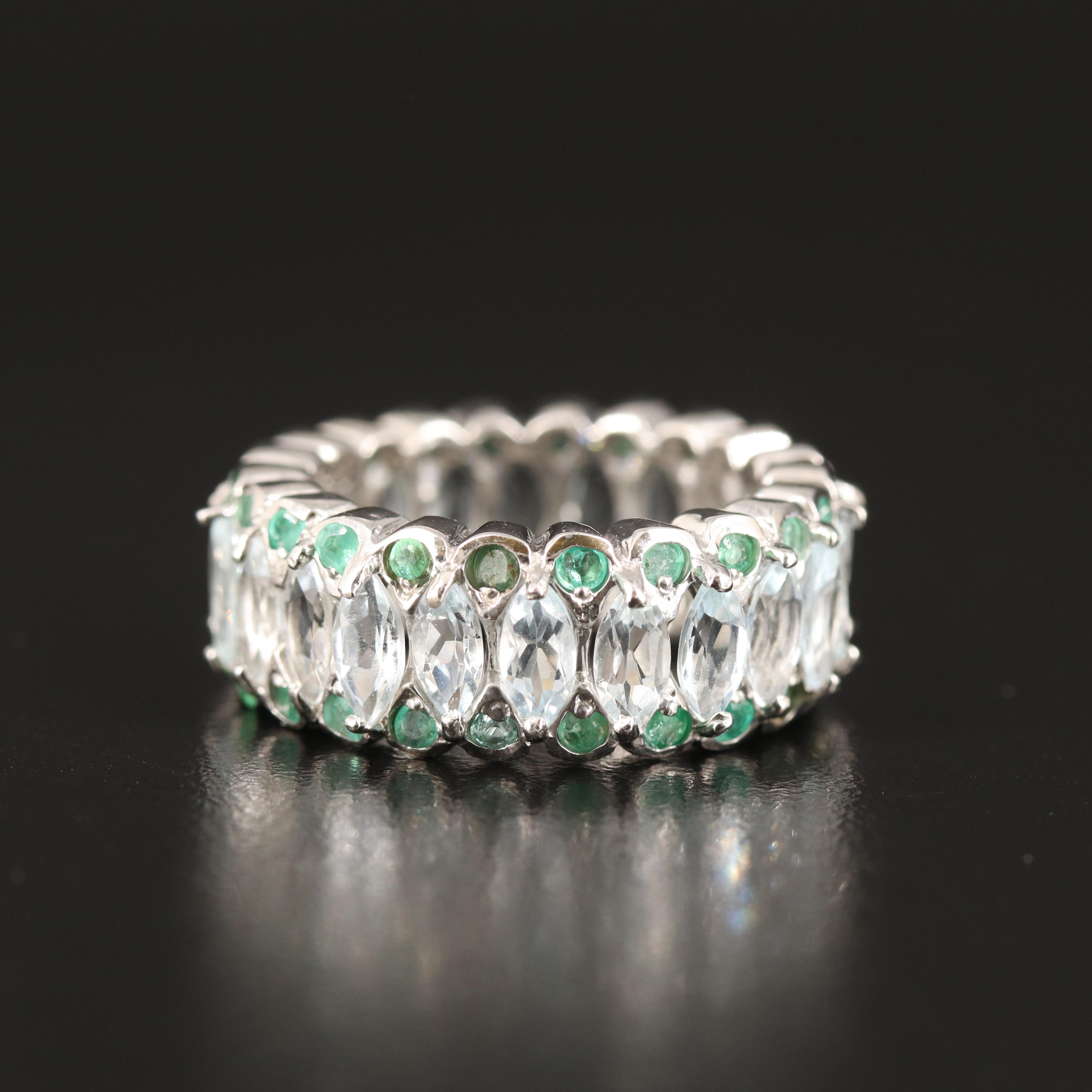 Sterling Aquamarine and Emerald Eternity Band