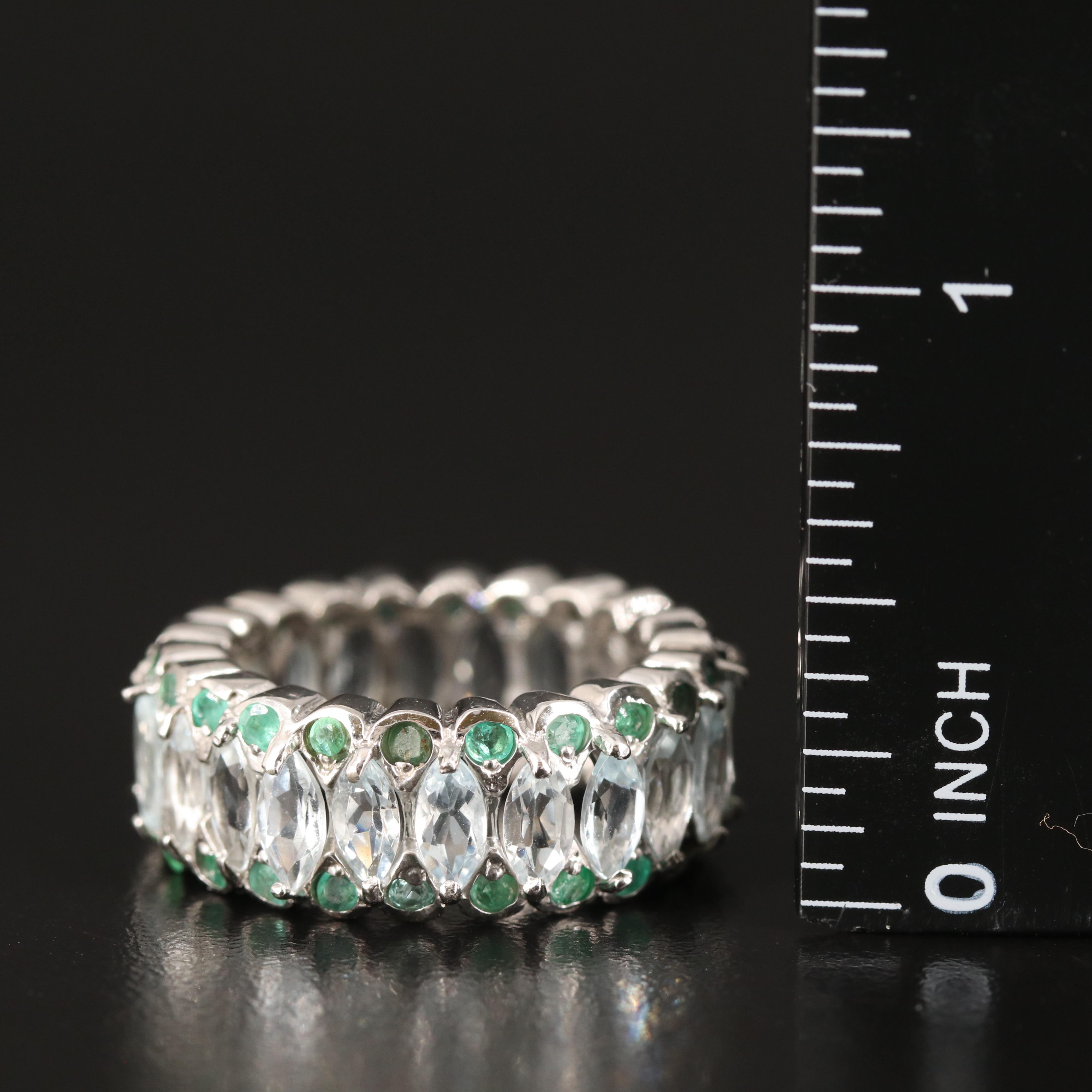 Sterling Aquamarine and Emerald Eternity Band