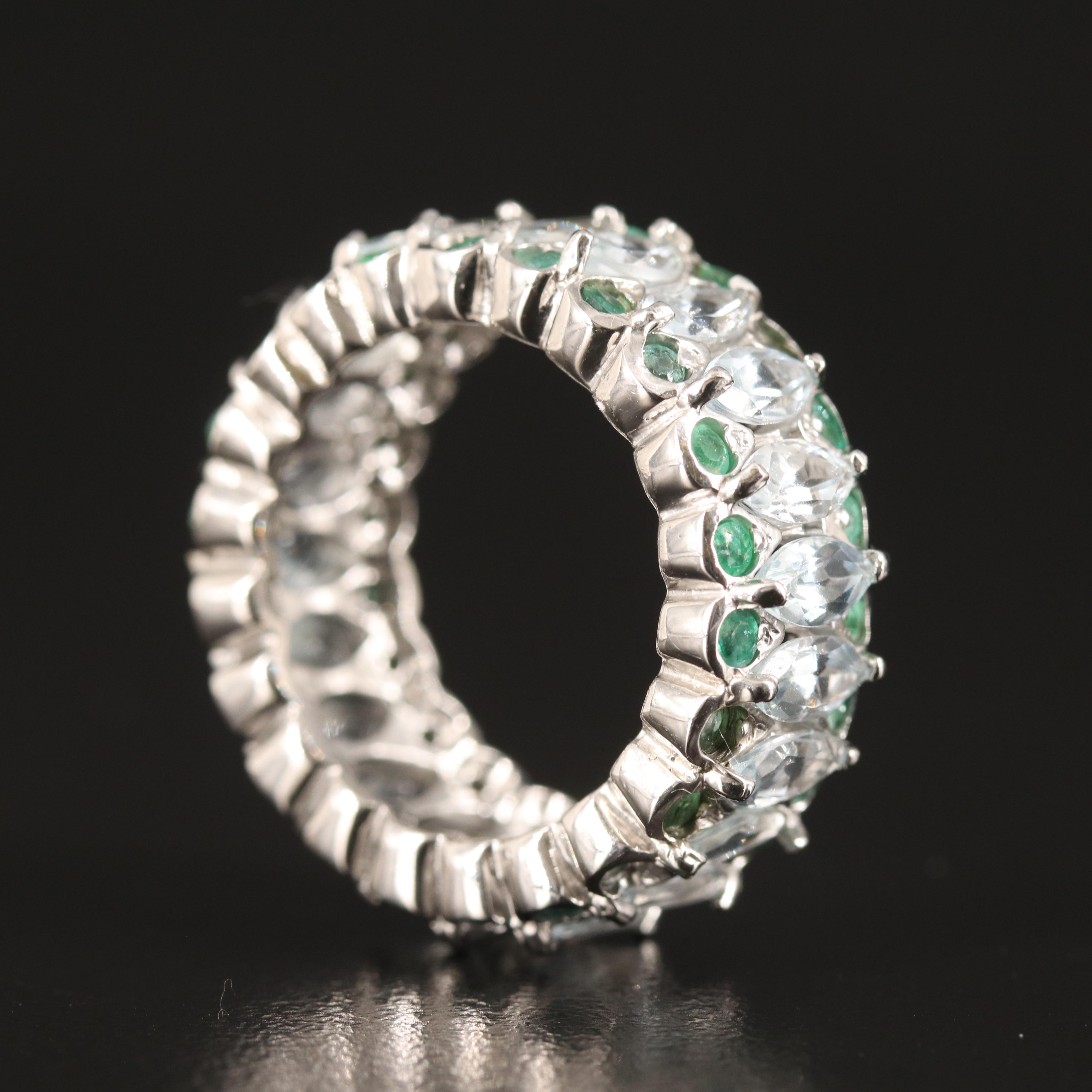 Sterling Aquamarine and Emerald Eternity Band