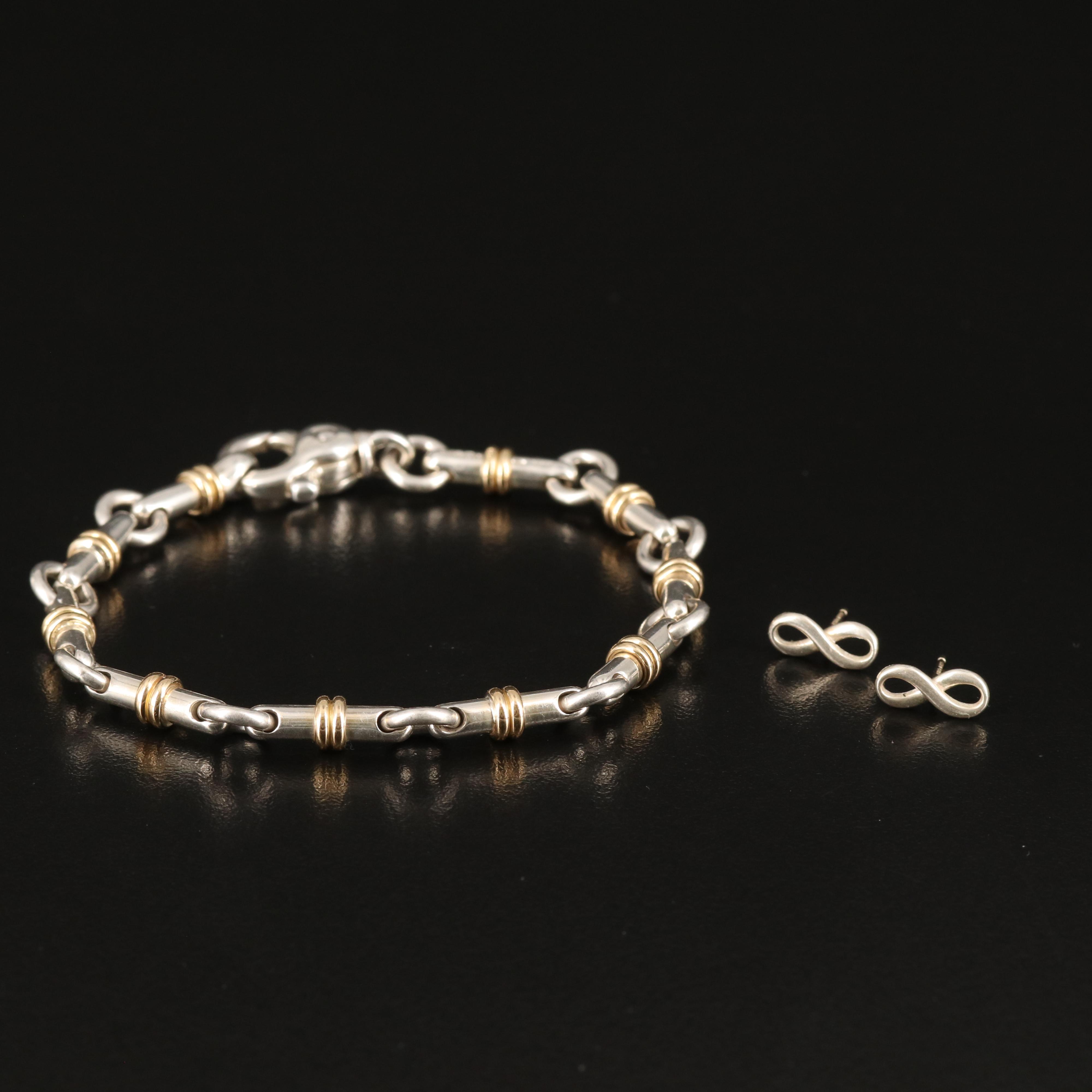 Tiffany & Co. Sterling and 18K Bar Link Bracelet and Infinity Earrings