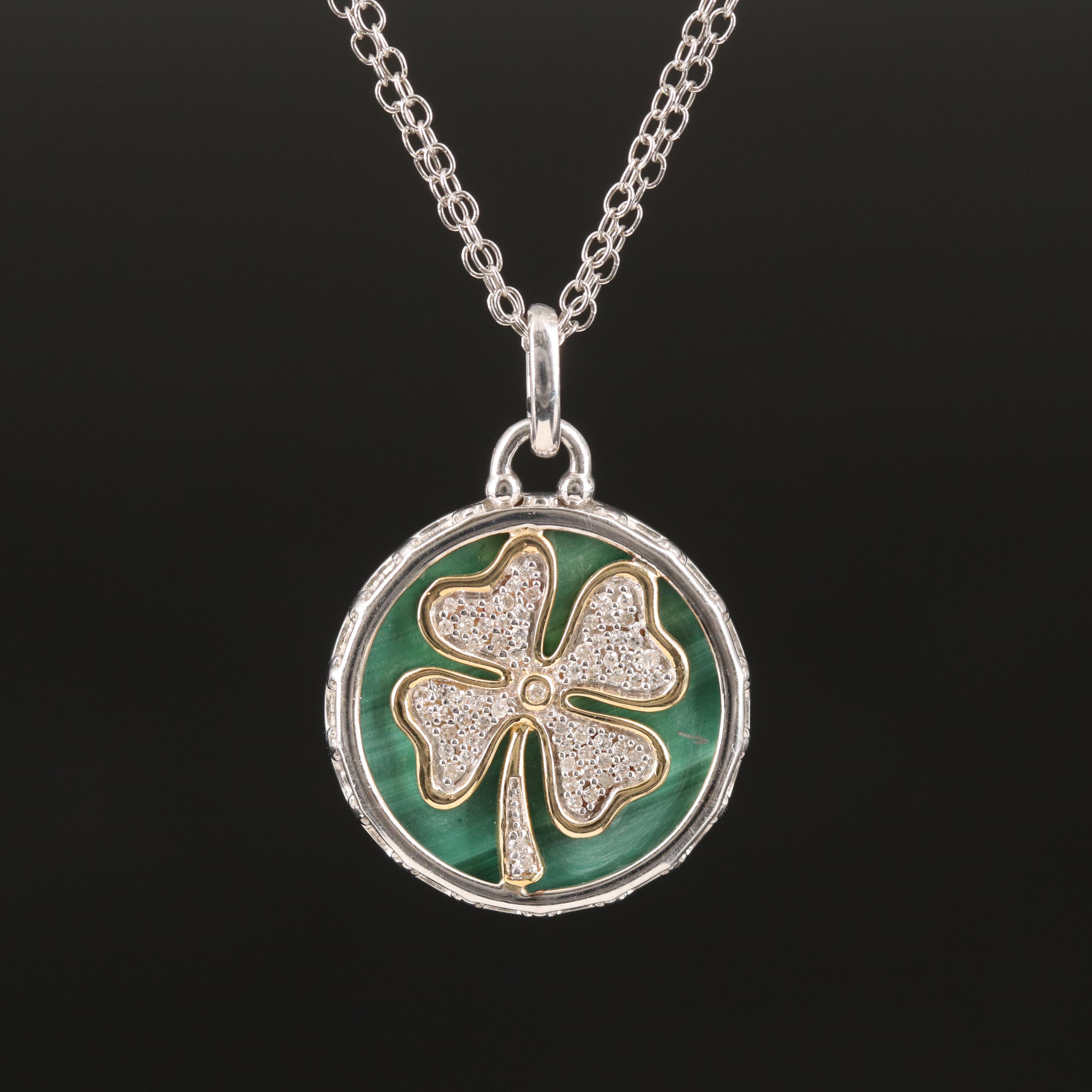 Sterling Diamond and Malachite Clover Pendant Necklace with 14K Accent