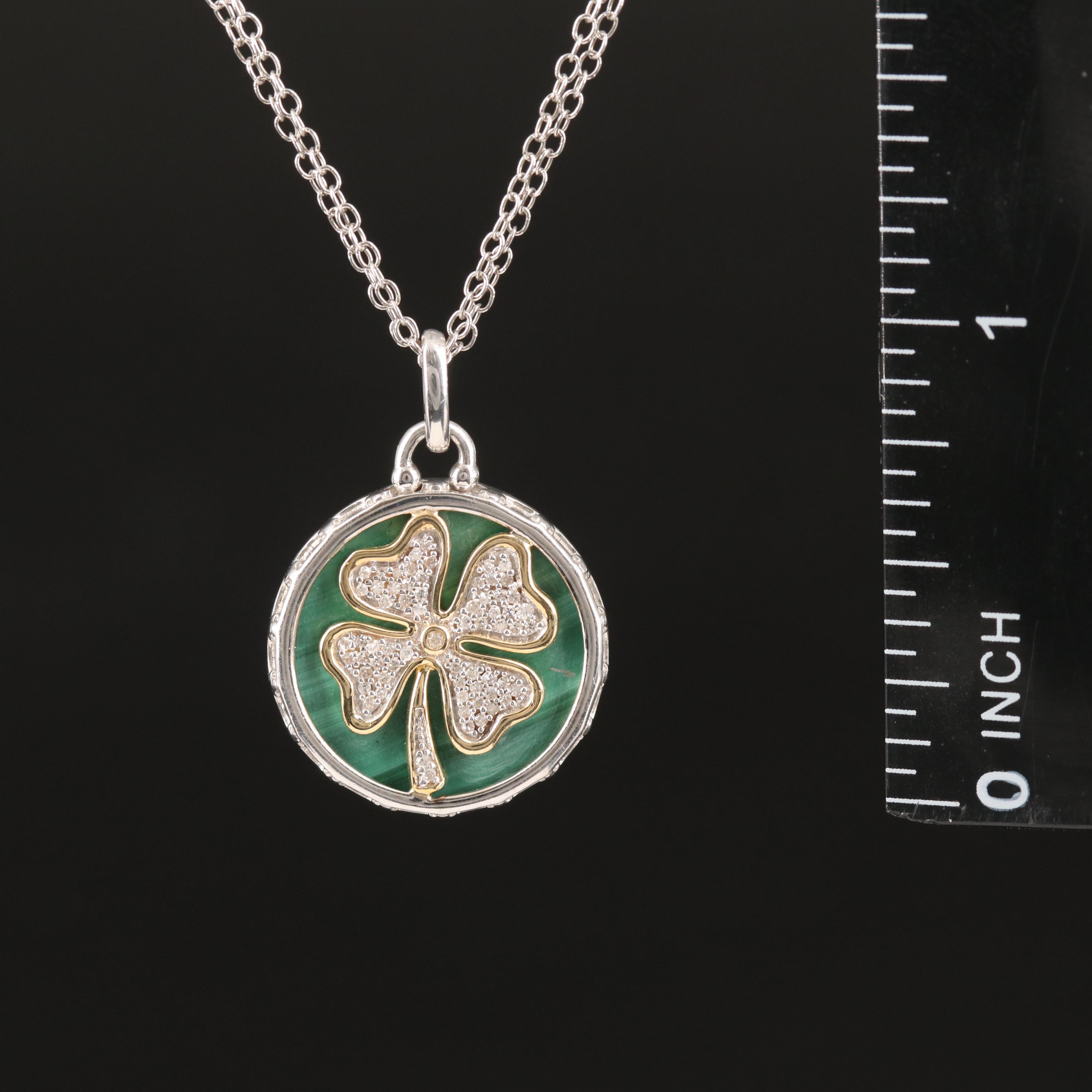 Sterling Diamond and Malachite Clover Pendant Necklace with 14K Accent