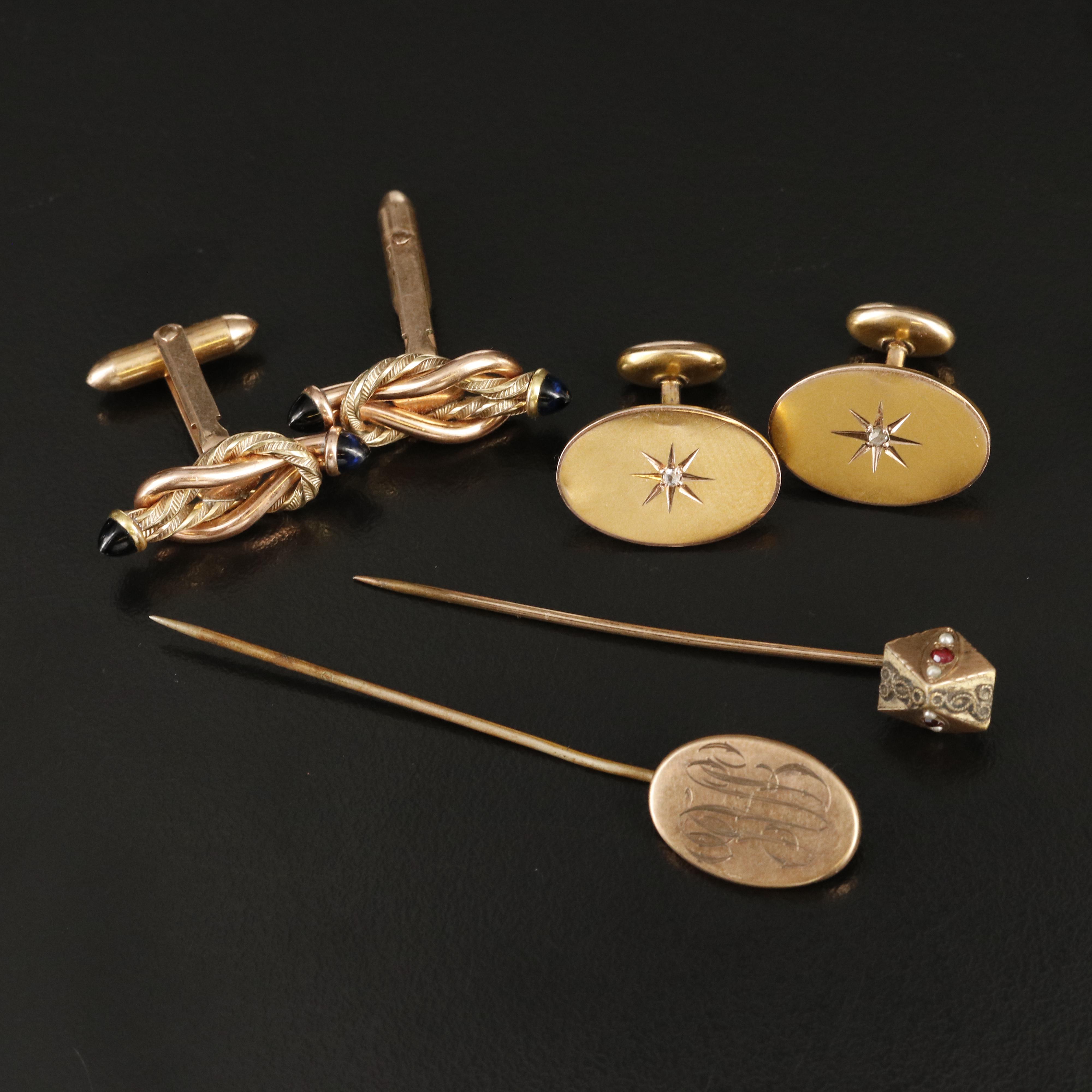 Early 1900s Cufflinks and Stick Pins Including Star, Diamond and Glass