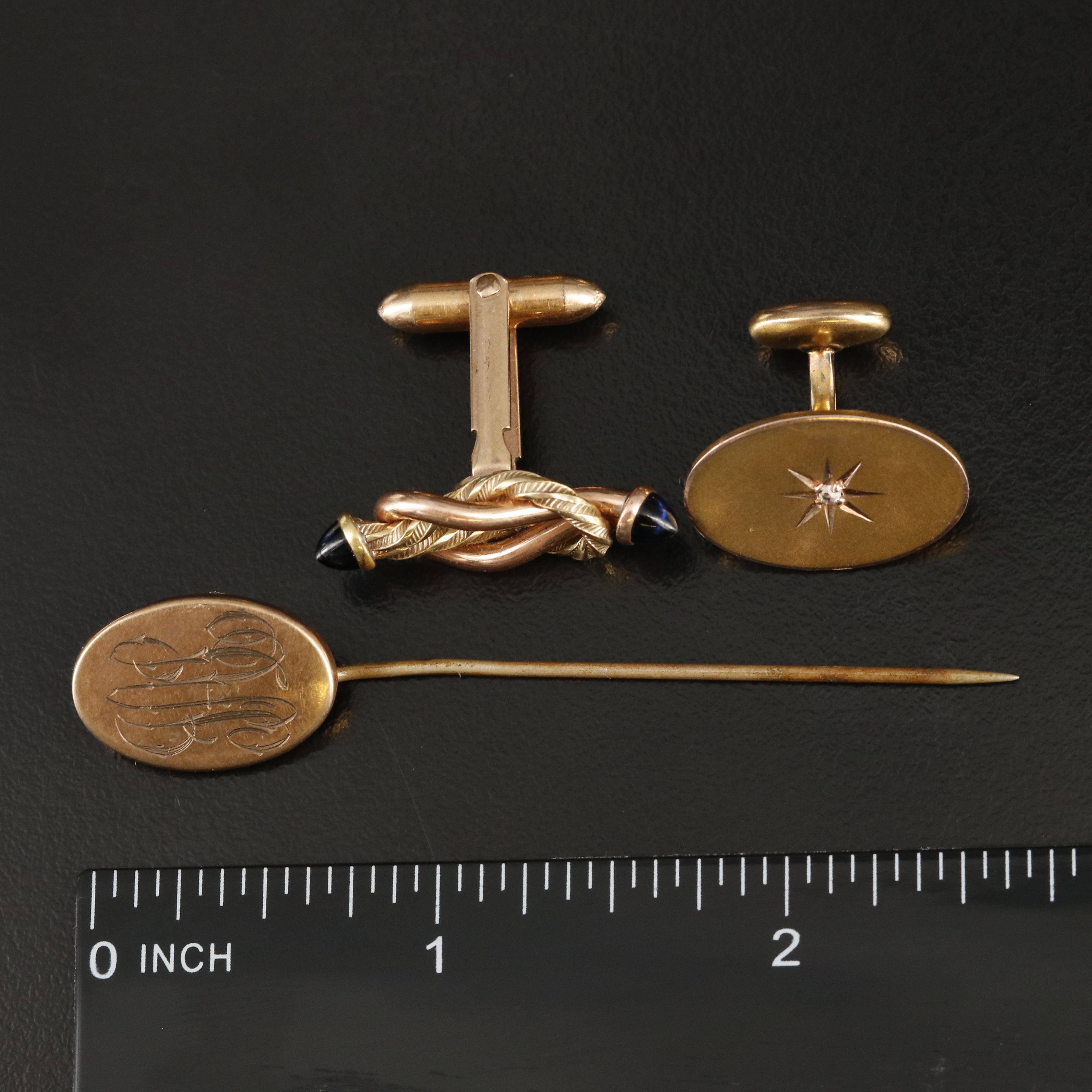 Early 1900s Cufflinks and Stick Pins Including Star, Diamond and Glass