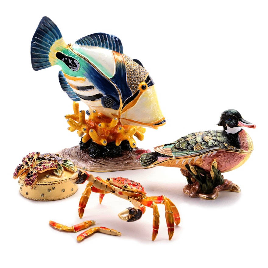 Jere Embellished Fish, Duck and Other Trinket Boxes with Necklaces