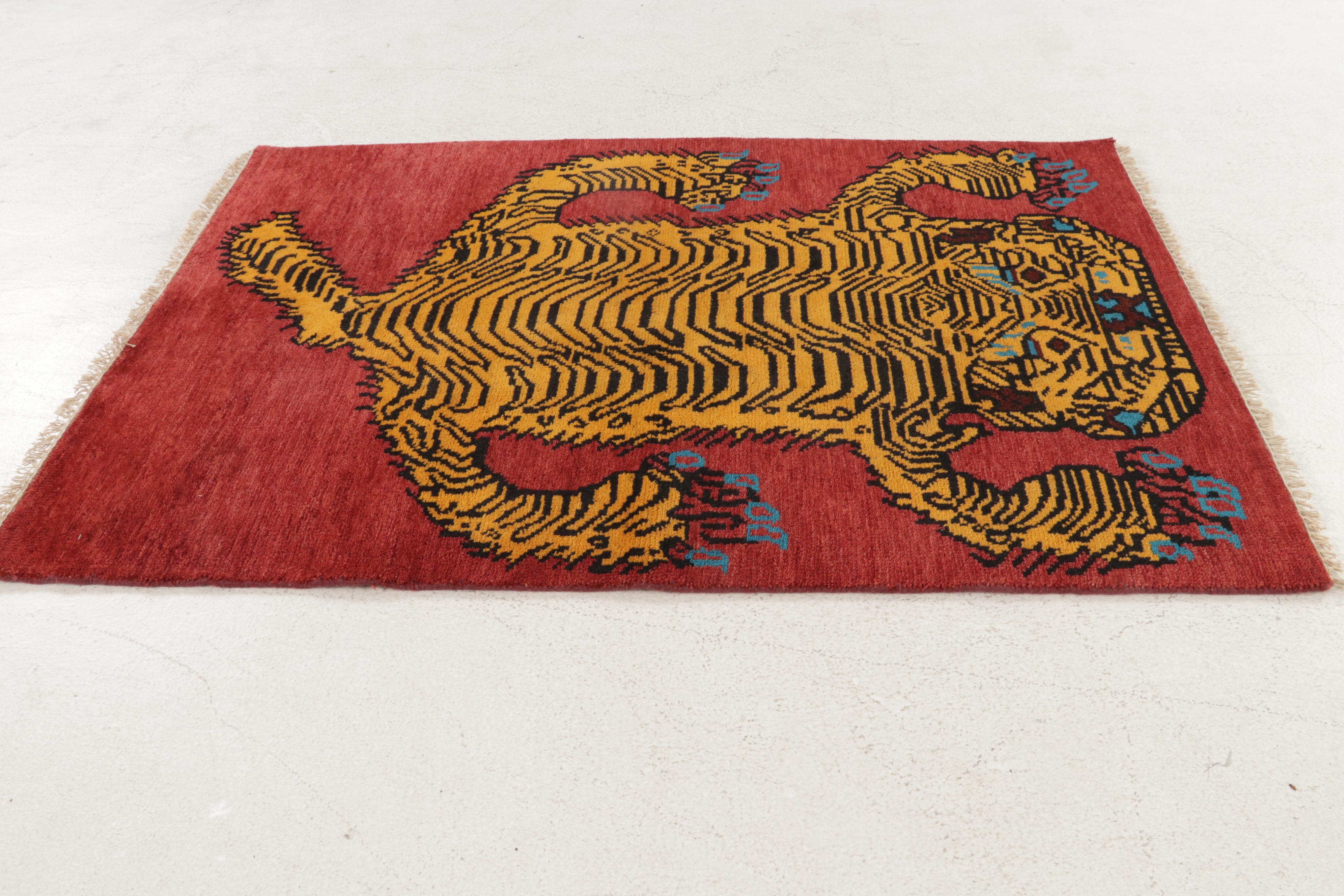 3'11 x 6' Hand-Knotted Tibetan Pictorial Tiger Area Rug