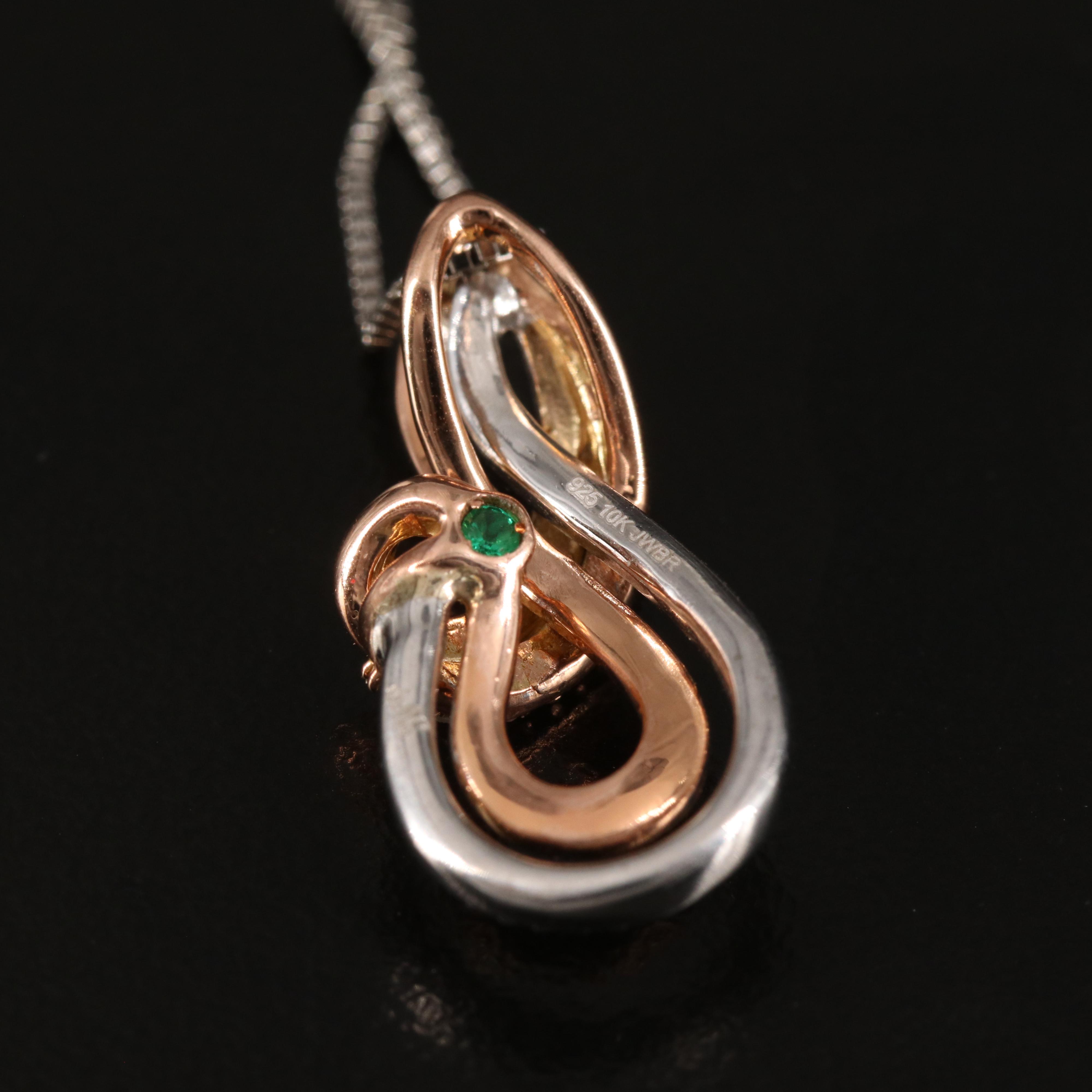 Sterling Diamond and Emerald Pendant Necklace with 10K Rose Gold Accent