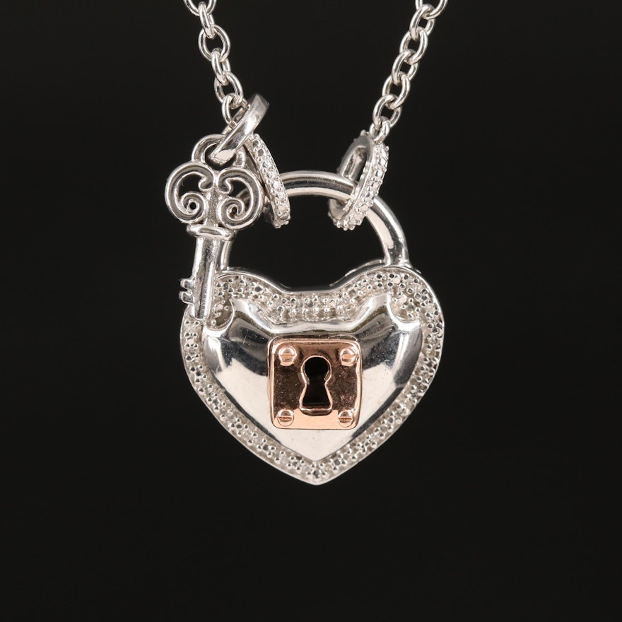 Sterling Diamond Heart Padlock Necklace with 10K Rose Gold Accent