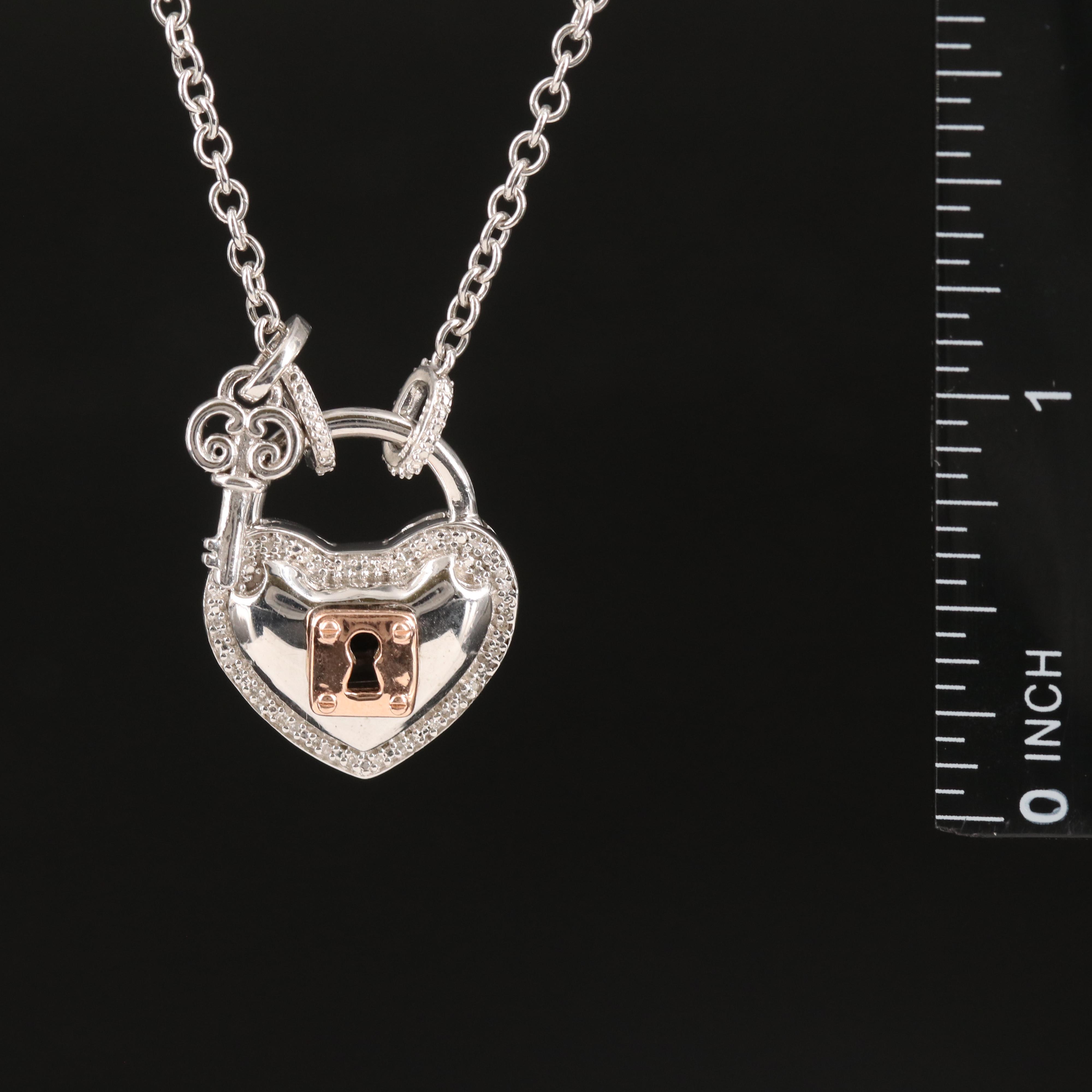Sterling Diamond Heart Padlock Necklace with 10K Rose Gold Accent