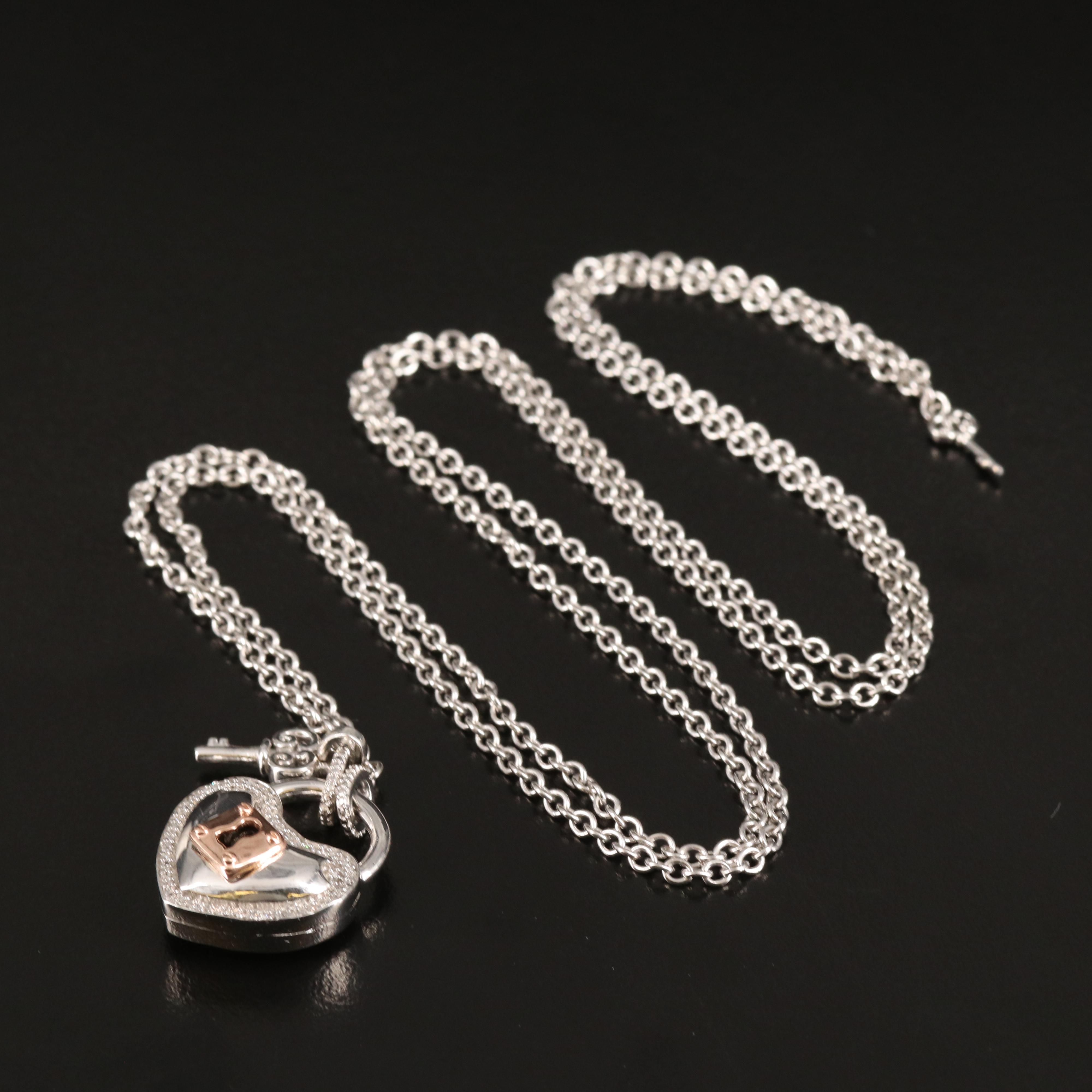 Sterling Diamond Heart Padlock Necklace with 10K Rose Gold Accent