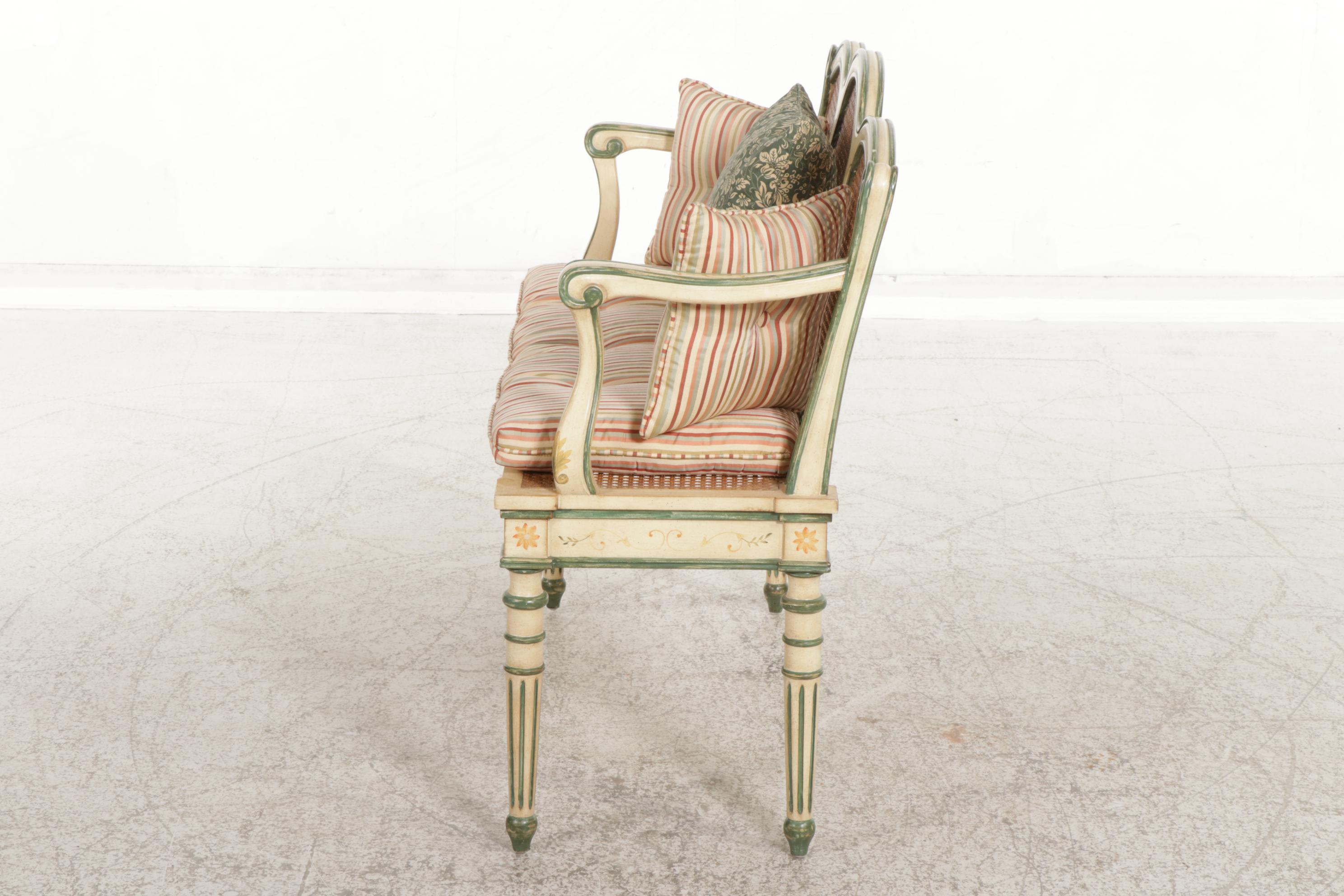 Harden Louis XVI Style Paint Decorated Cane Back Settee, Late 20th Century
