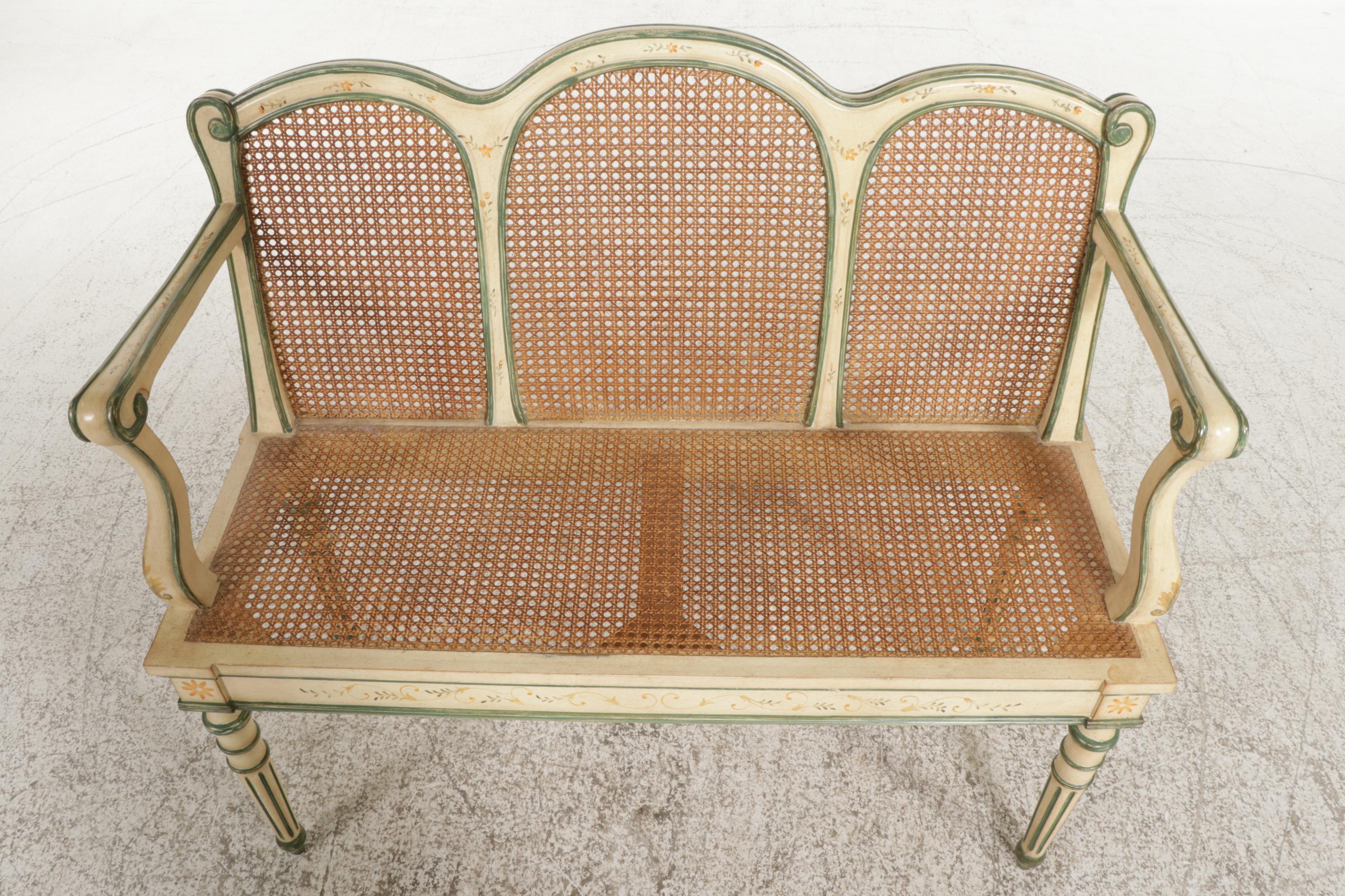 Harden Louis XVI Style Paint Decorated Cane Back Settee, Late 20th Century