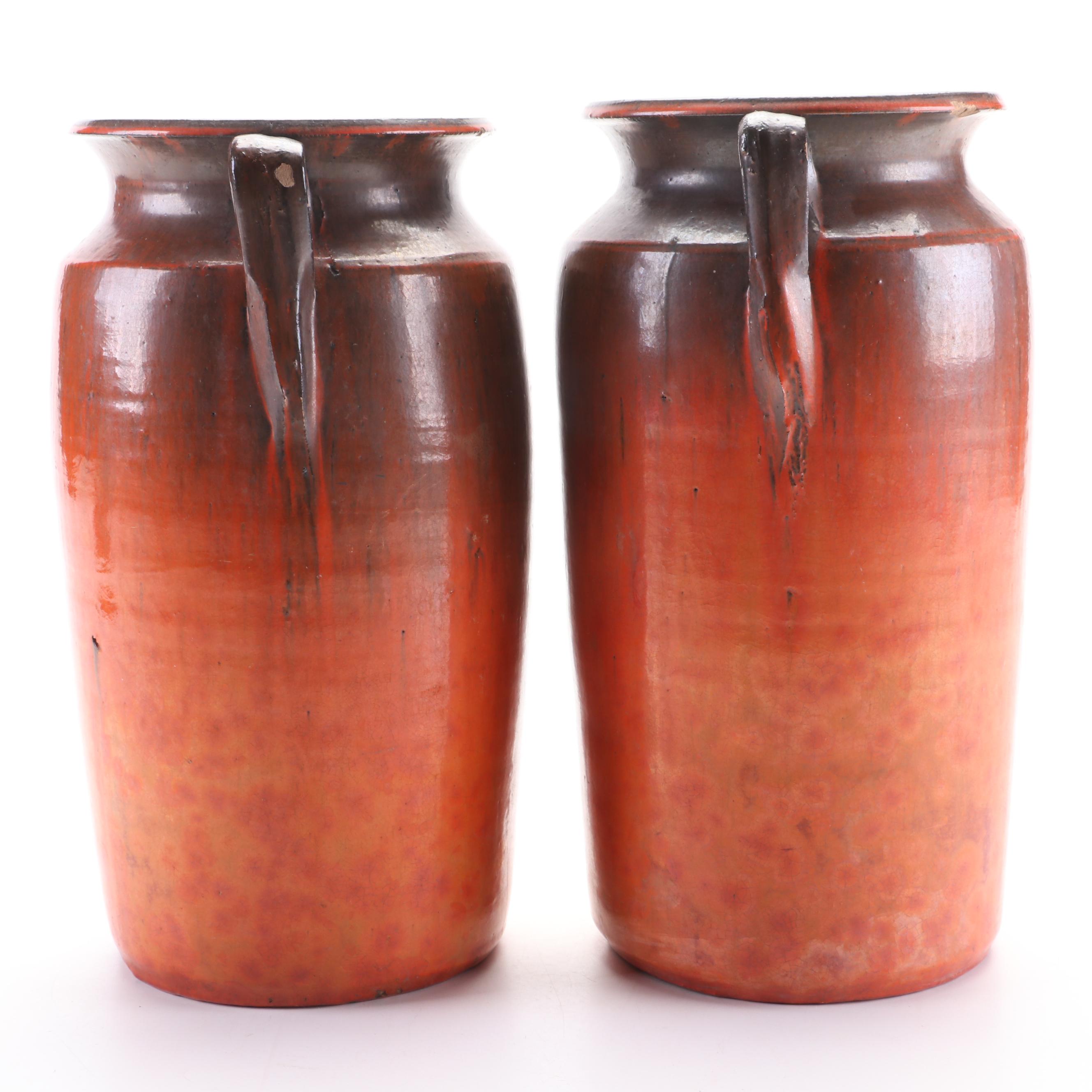 Pair of Art Pottery Vases with Handles, 20th Century
