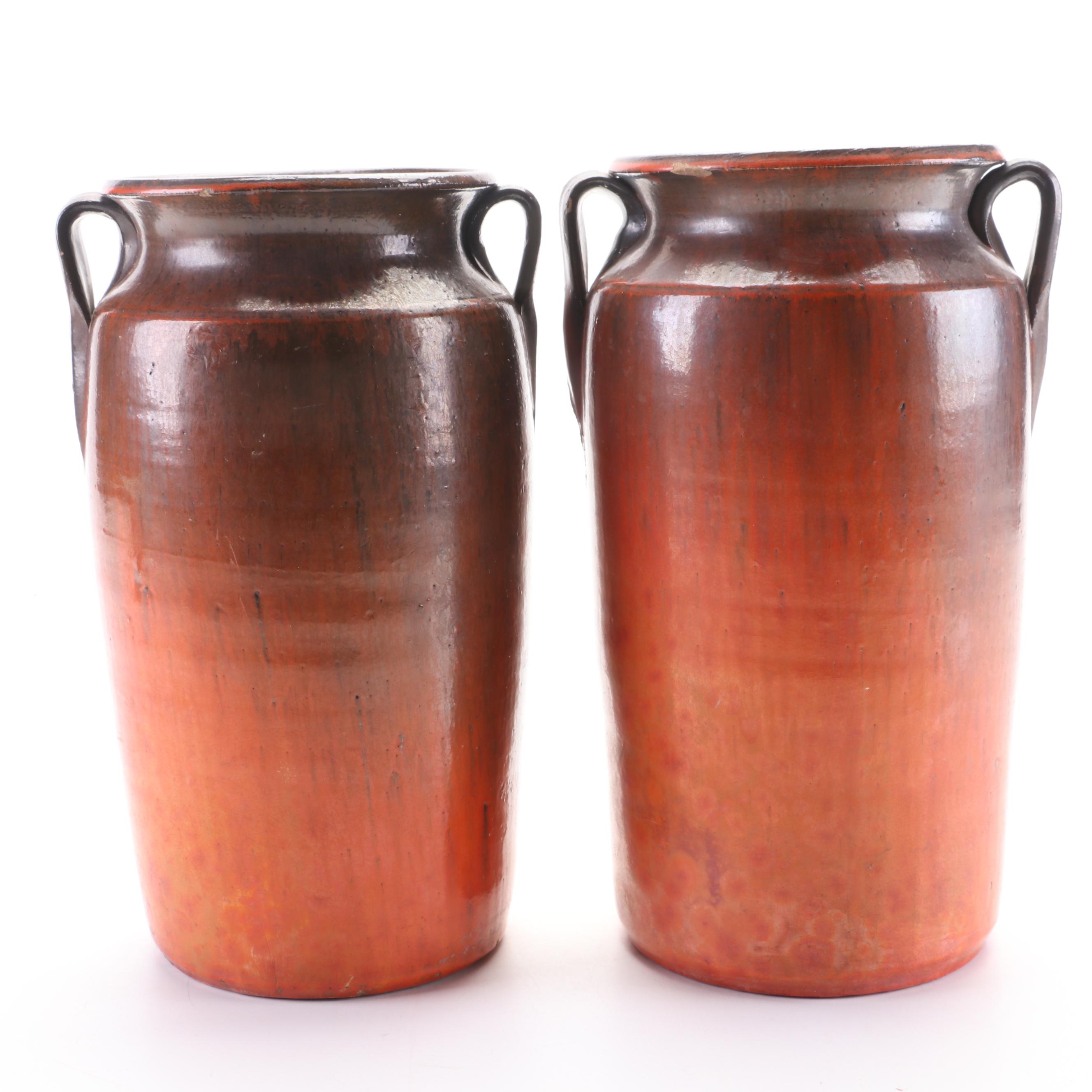 Pair of Art Pottery Vases with Handles, 20th Century
