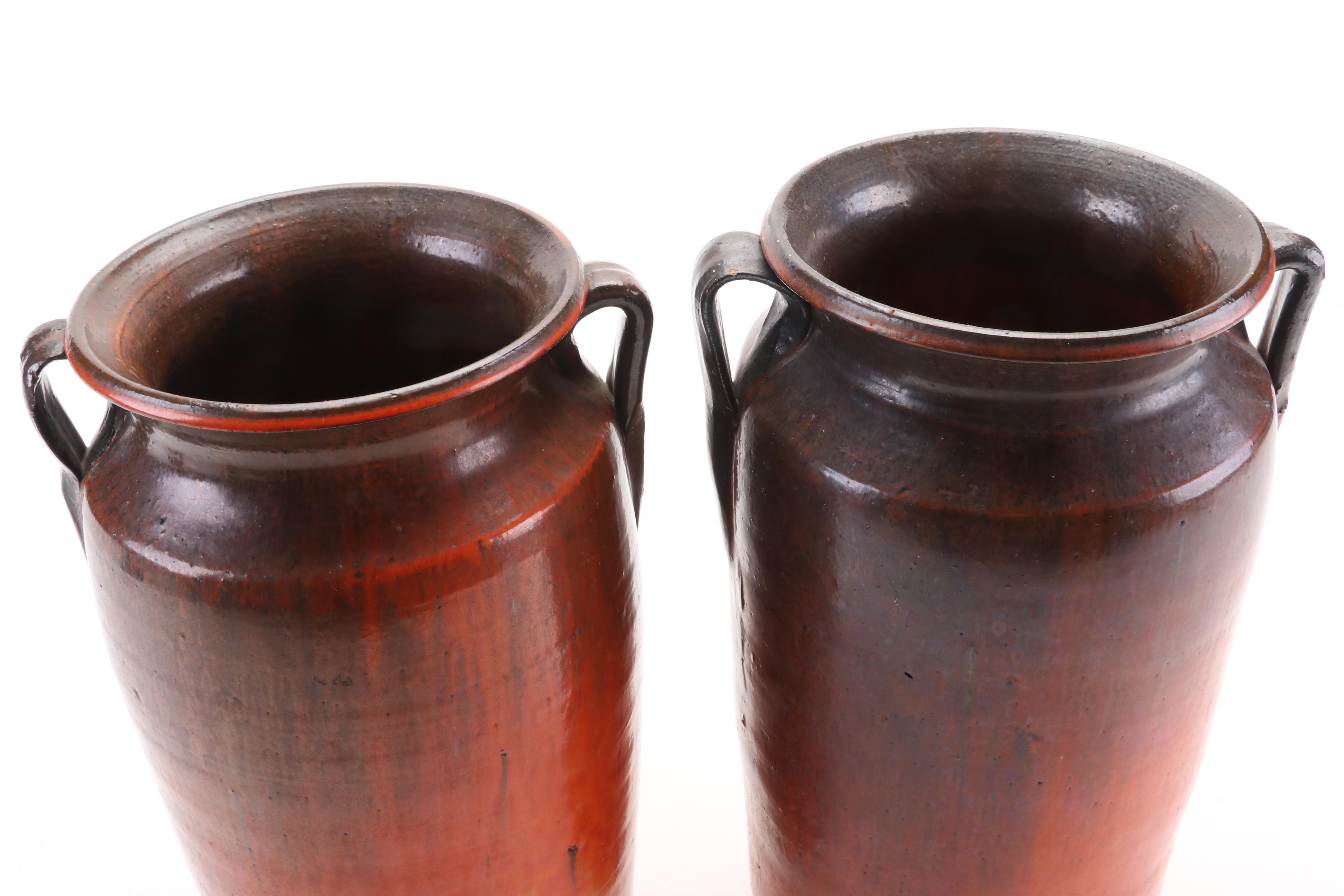 Pair of Art Pottery Vases with Handles, 20th Century