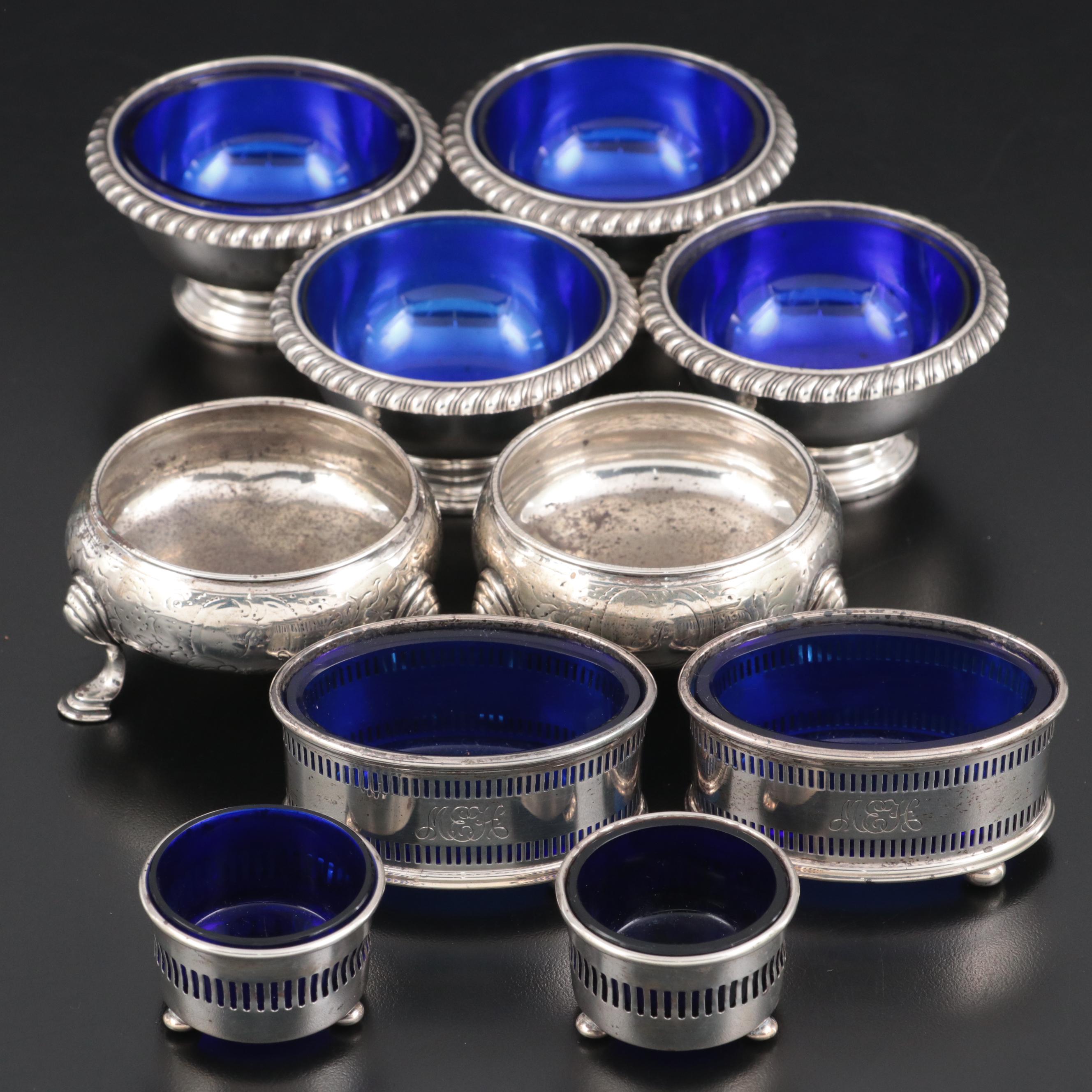 Gorham, David Hennell and Other Sterling Silver Salt Cellars with Cobalt Inserts