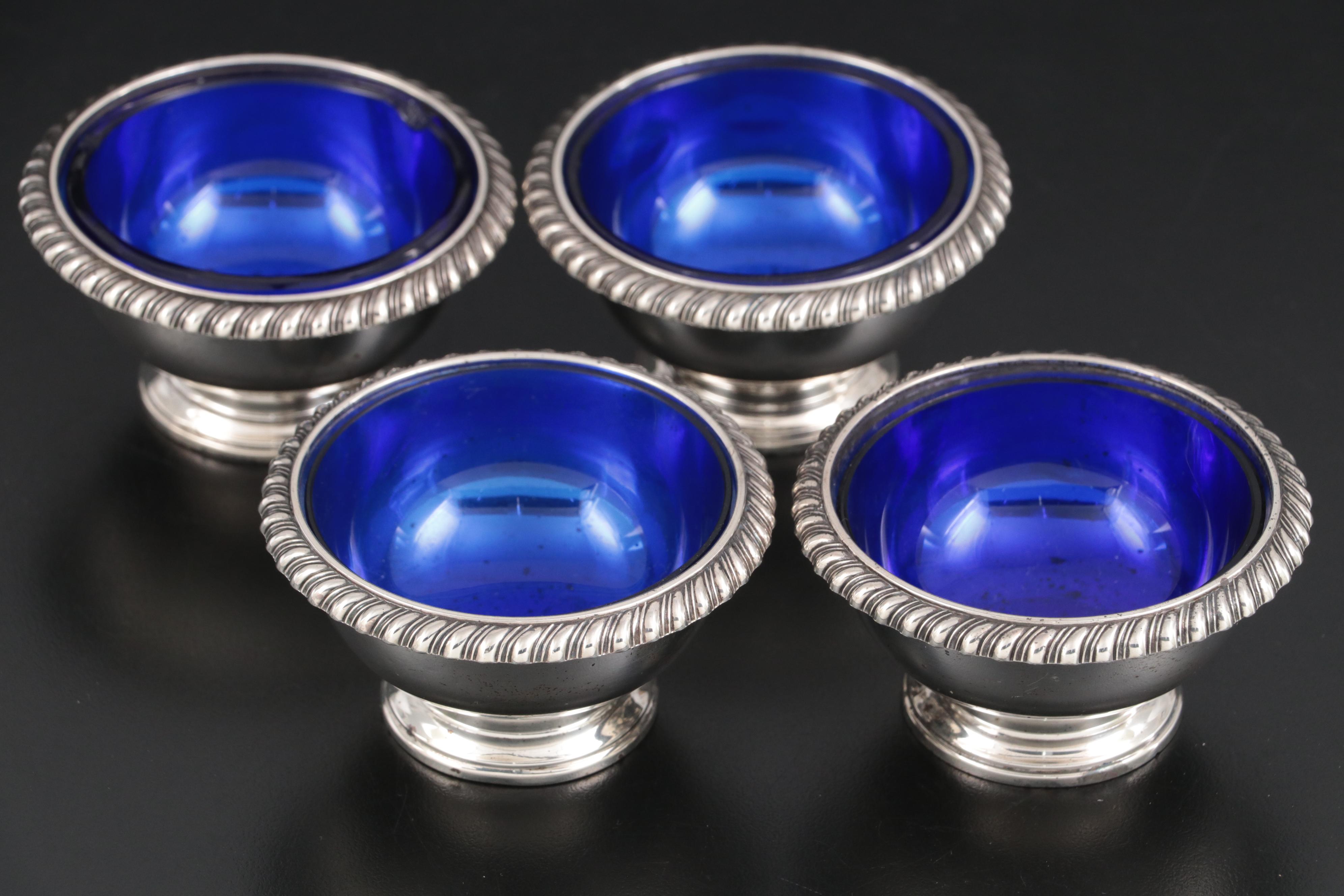 Gorham, David Hennell and Other Sterling Silver Salt Cellars with Cobalt Inserts