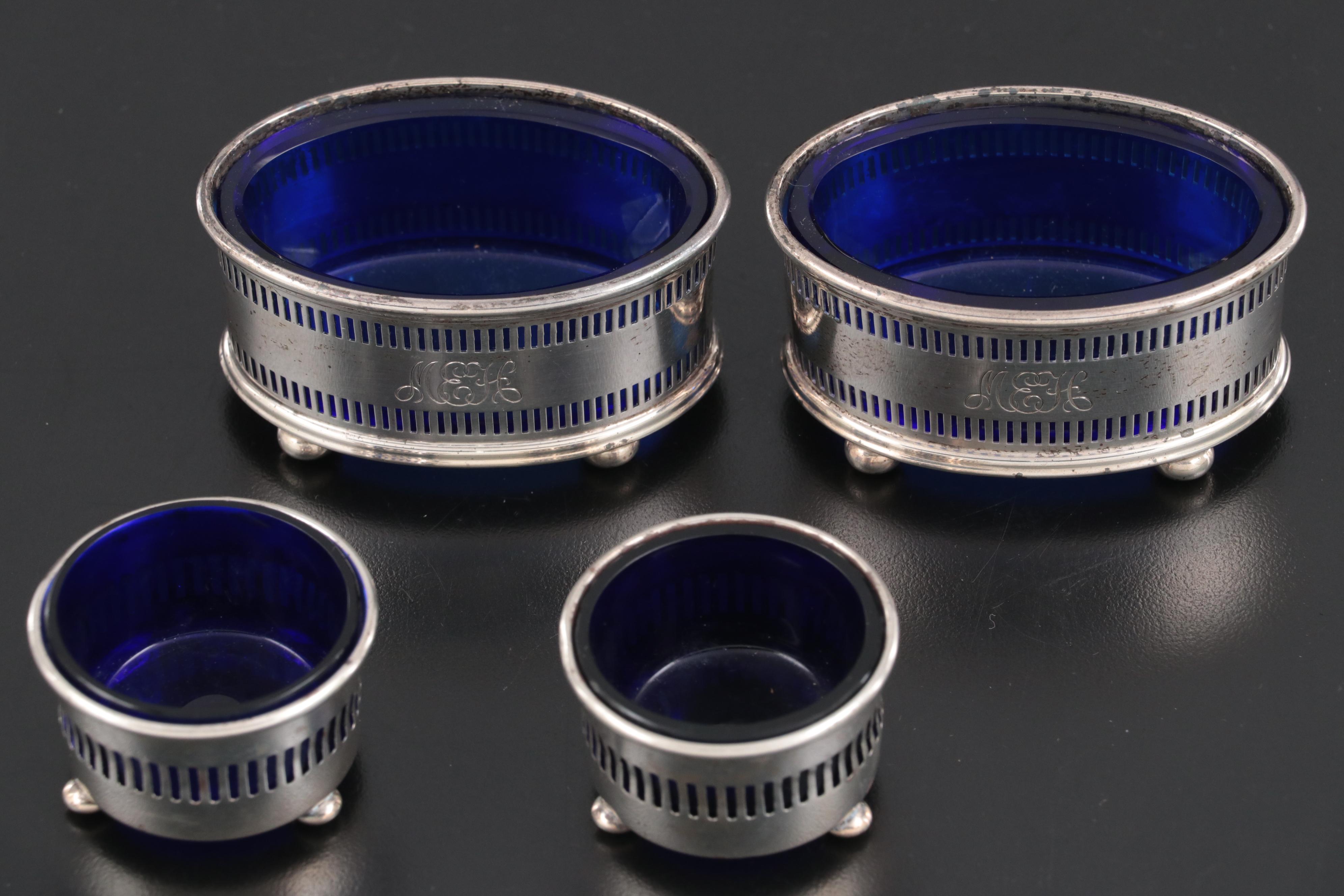 Gorham, David Hennell and Other Sterling Silver Salt Cellars with Cobalt Inserts