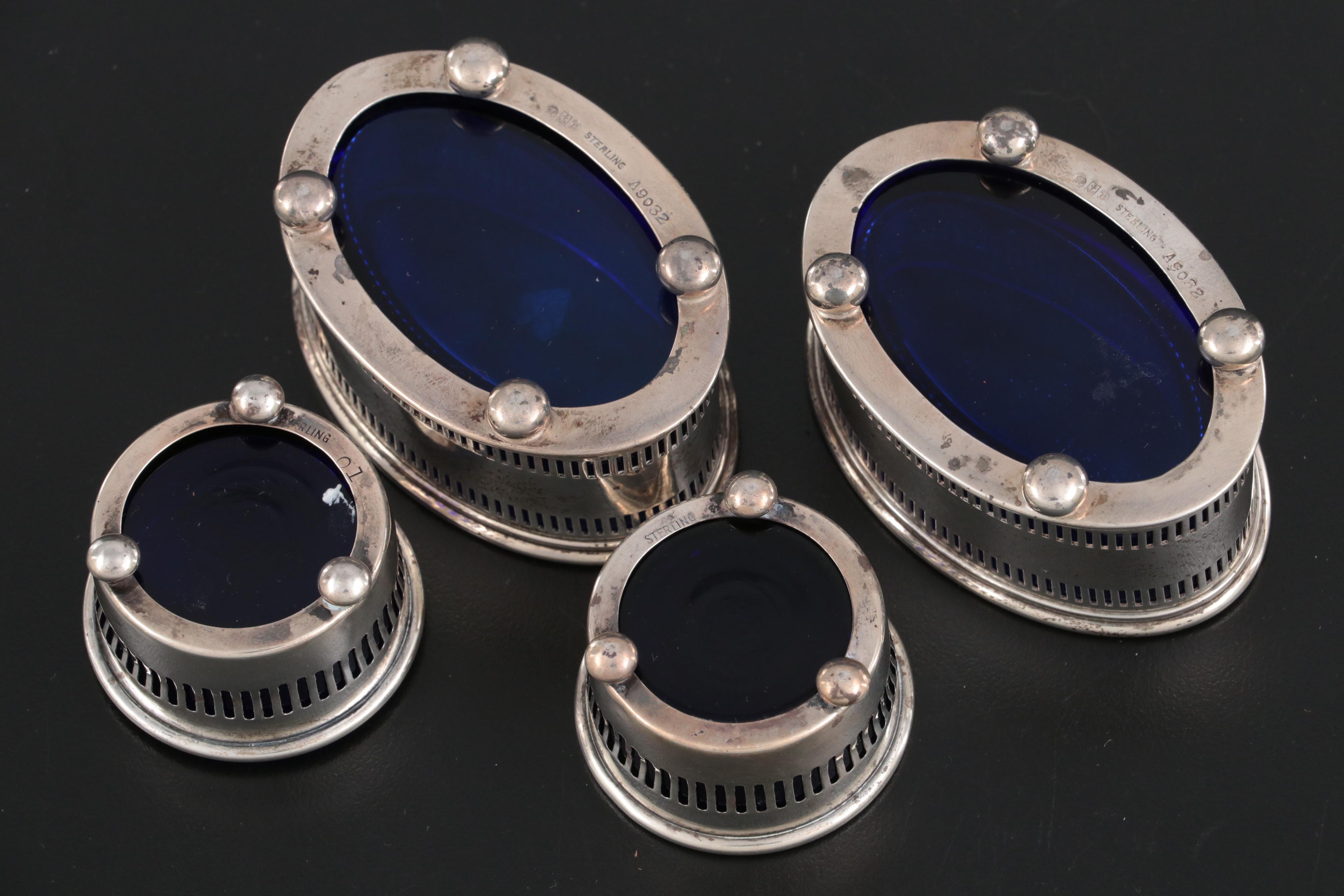 Gorham, David Hennell and Other Sterling Silver Salt Cellars with Cobalt Inserts