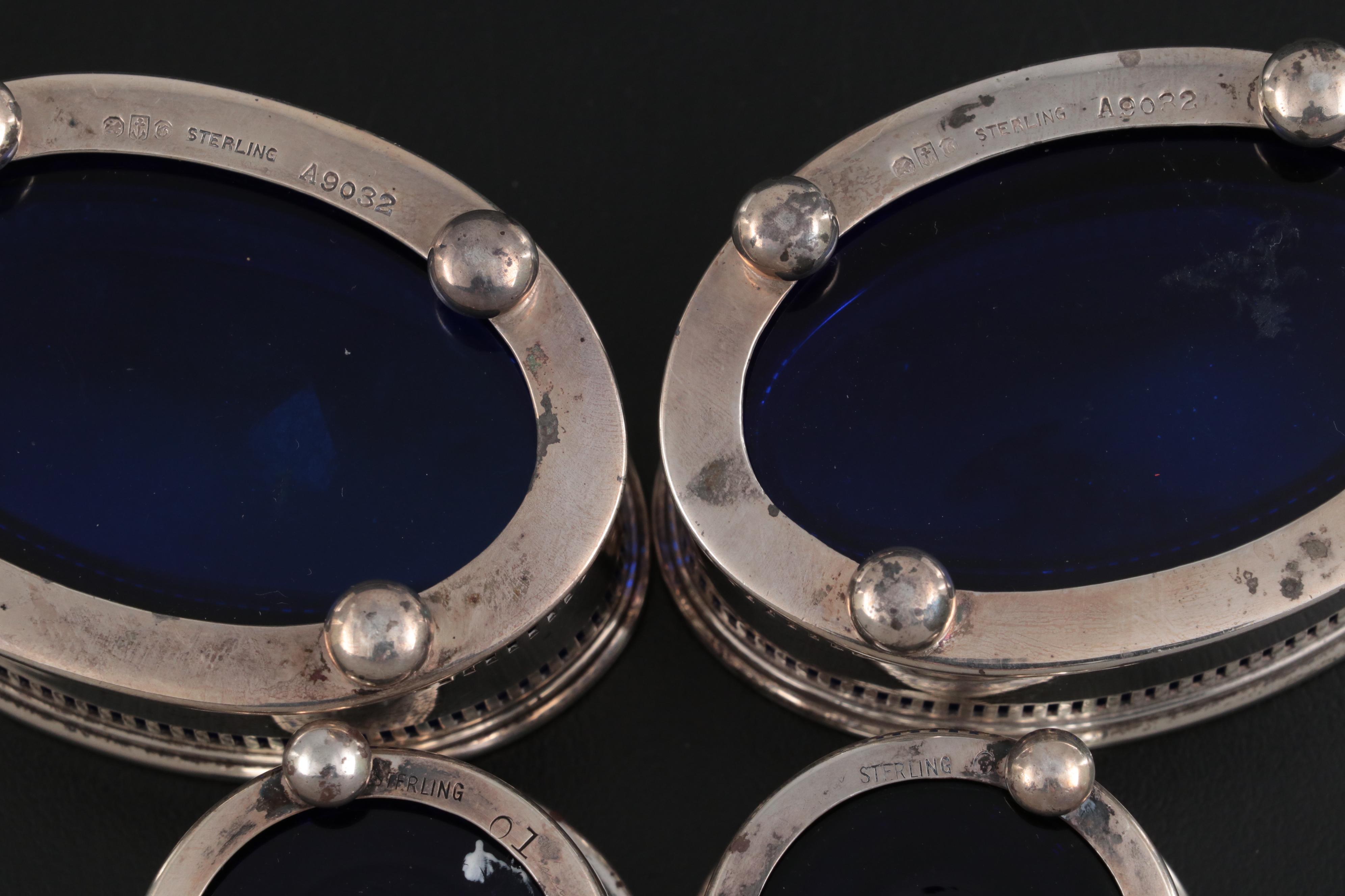 Gorham, David Hennell and Other Sterling Silver Salt Cellars with Cobalt Inserts