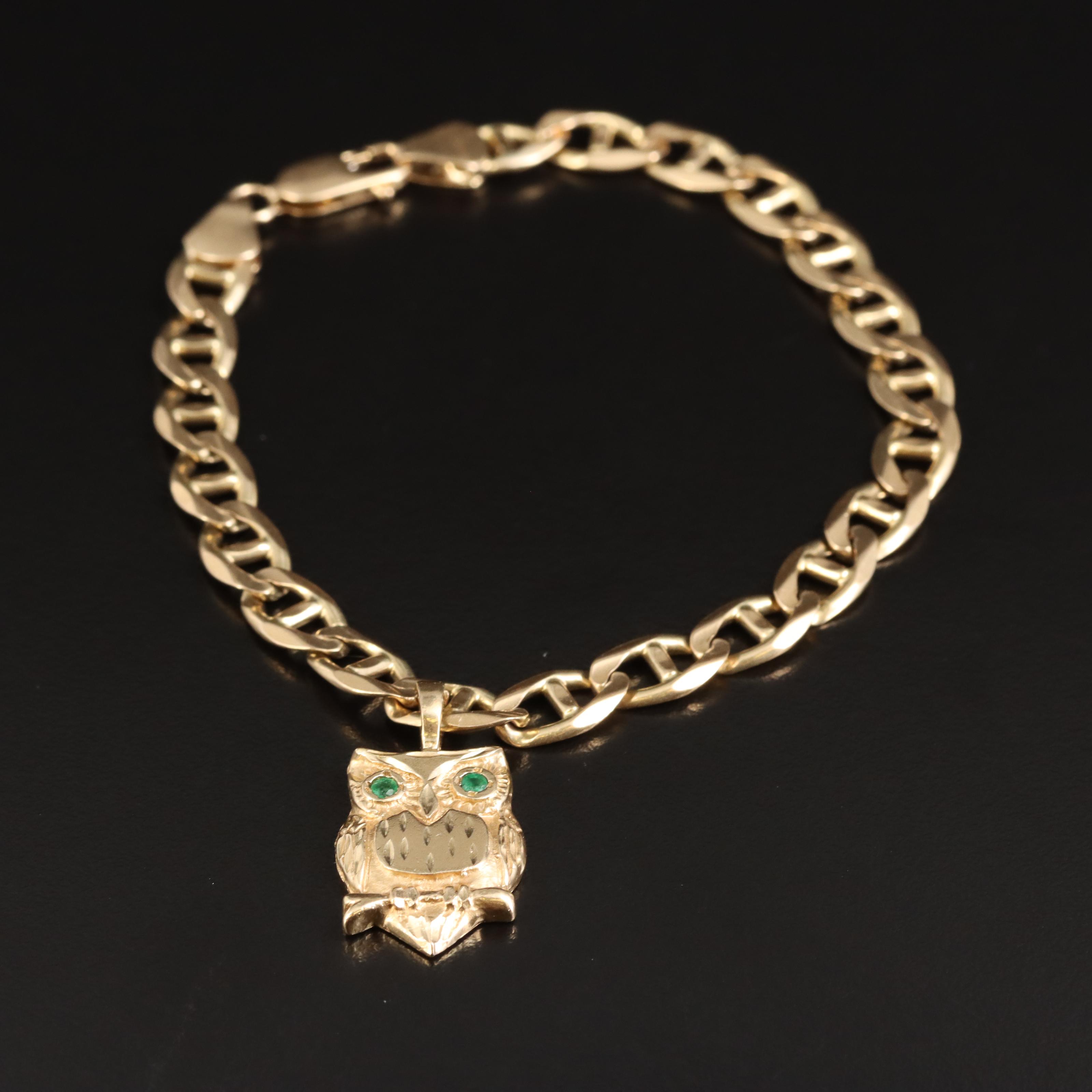 14K Emerald Owl Charm Bracelet