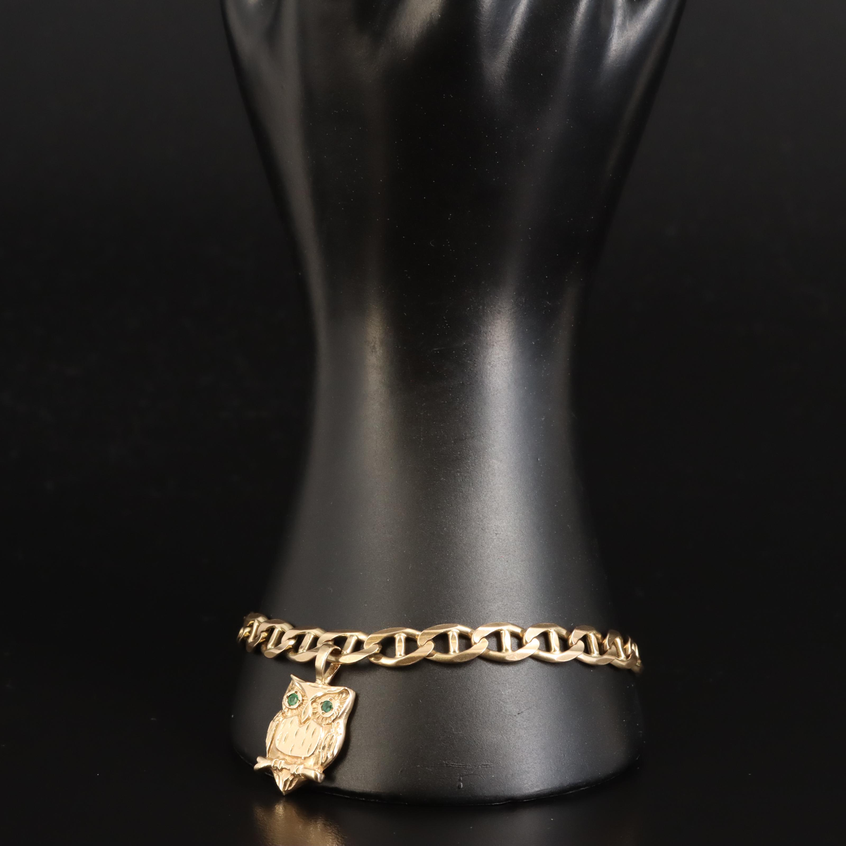 14K Emerald Owl Charm Bracelet