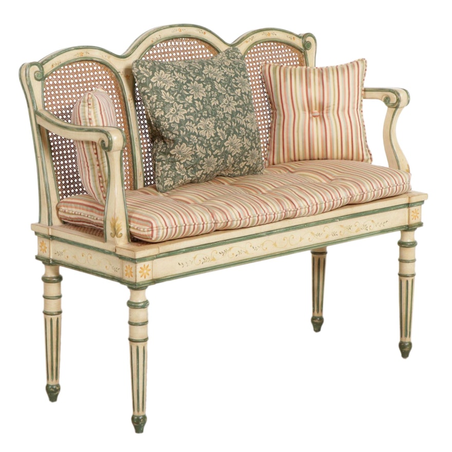 Harden Louis XVI Style Paint Decorated Cane Back Settee, Late 20th Century