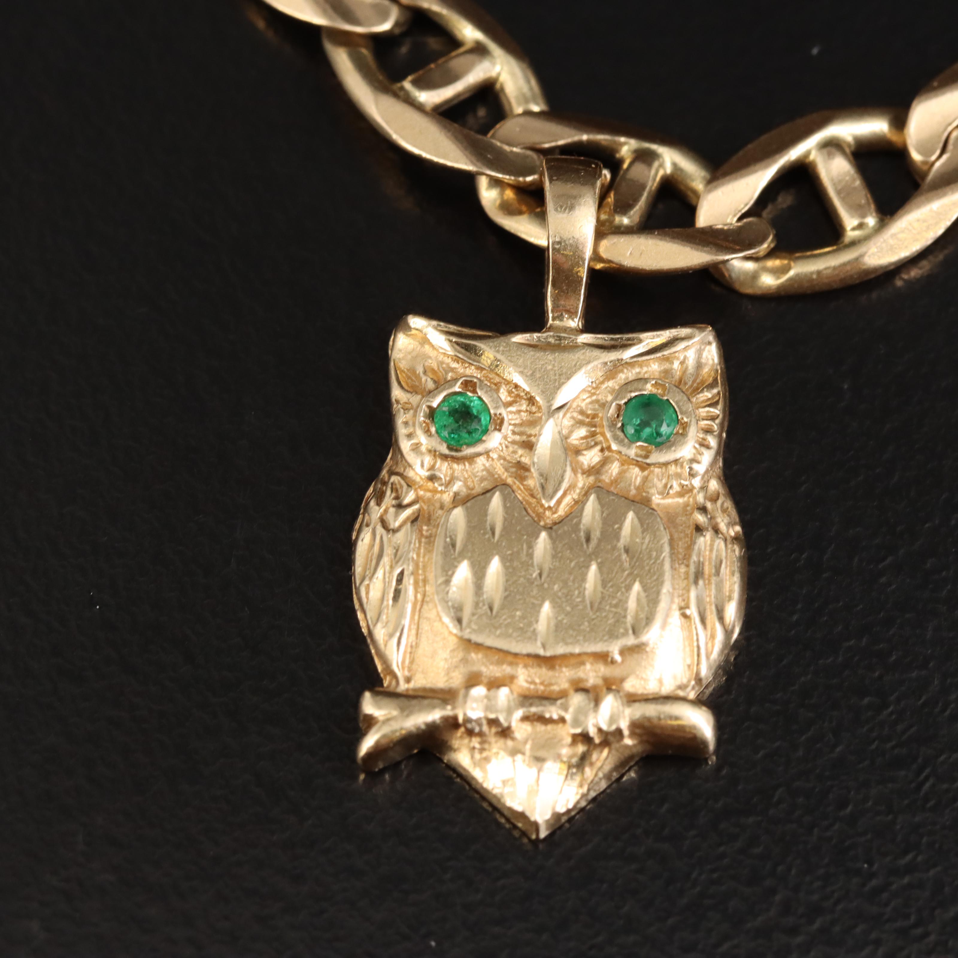 14K Emerald Owl Charm Bracelet