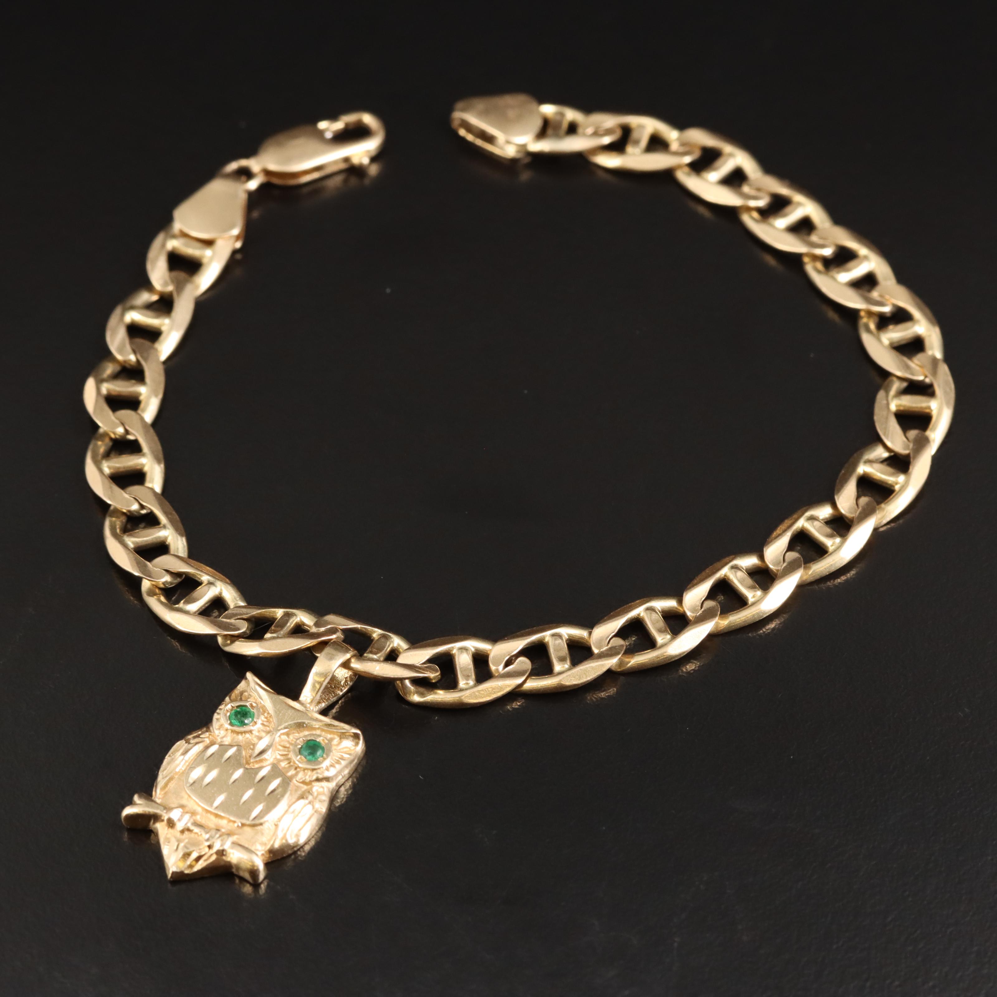 14K Emerald Owl Charm Bracelet