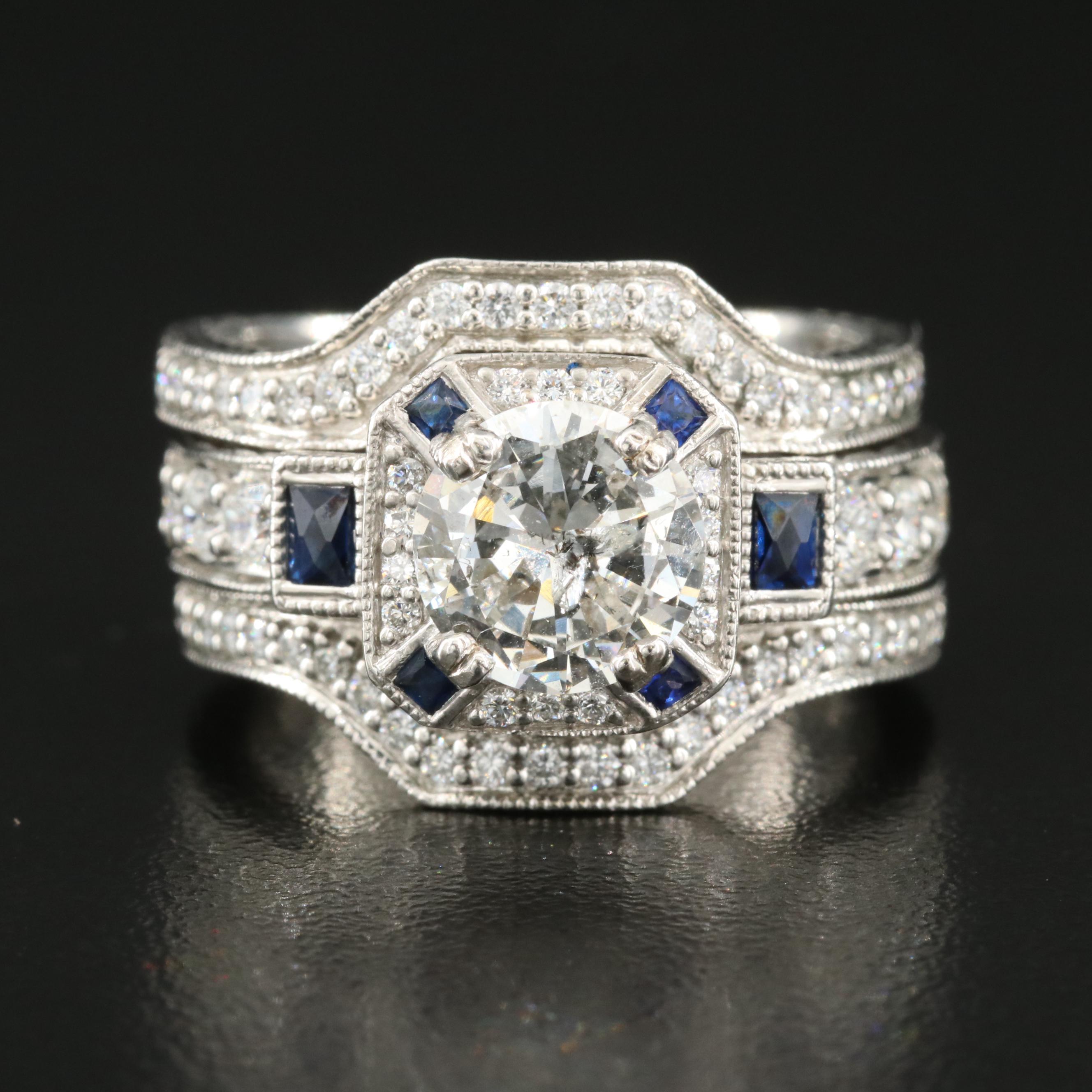 Platinum 2.71 CTW Diamond and Sapphire Ring Set with Online Digital GIA Report