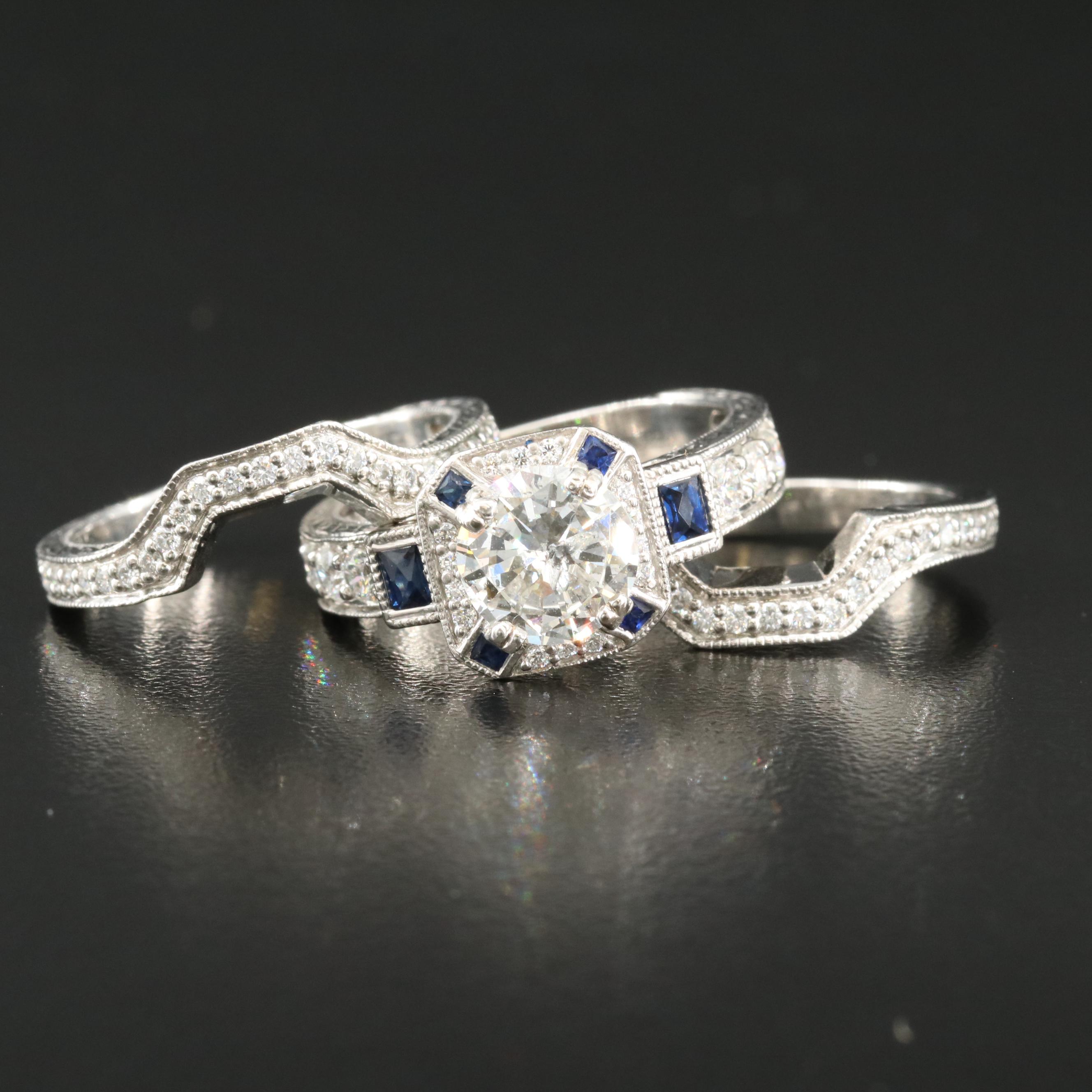 Platinum 2.71 CTW Diamond and Sapphire Ring Set with Online Digital GIA Report