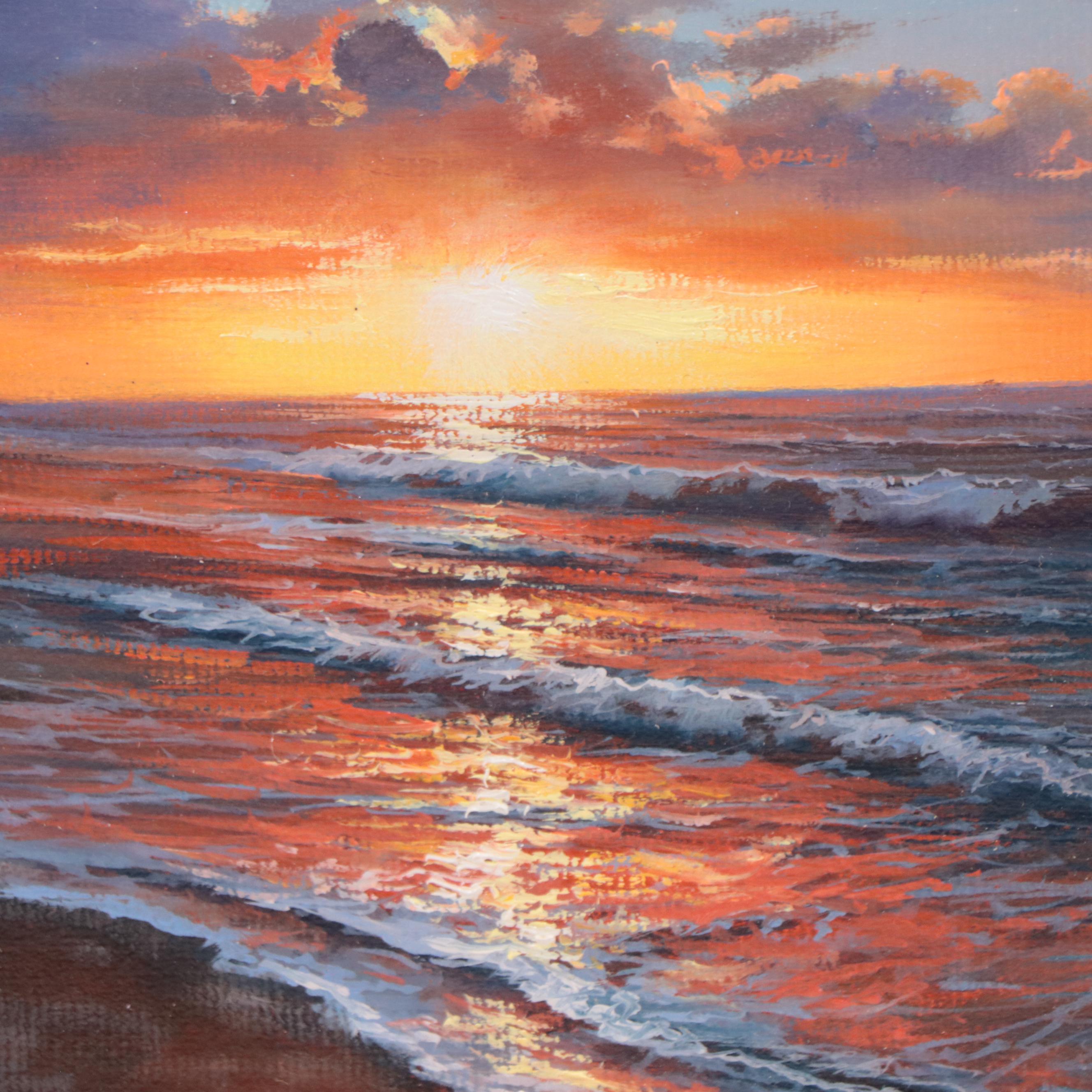 Jevgenijus Litvinas Seascape Oil Painting of Crashing Waves at Sunset