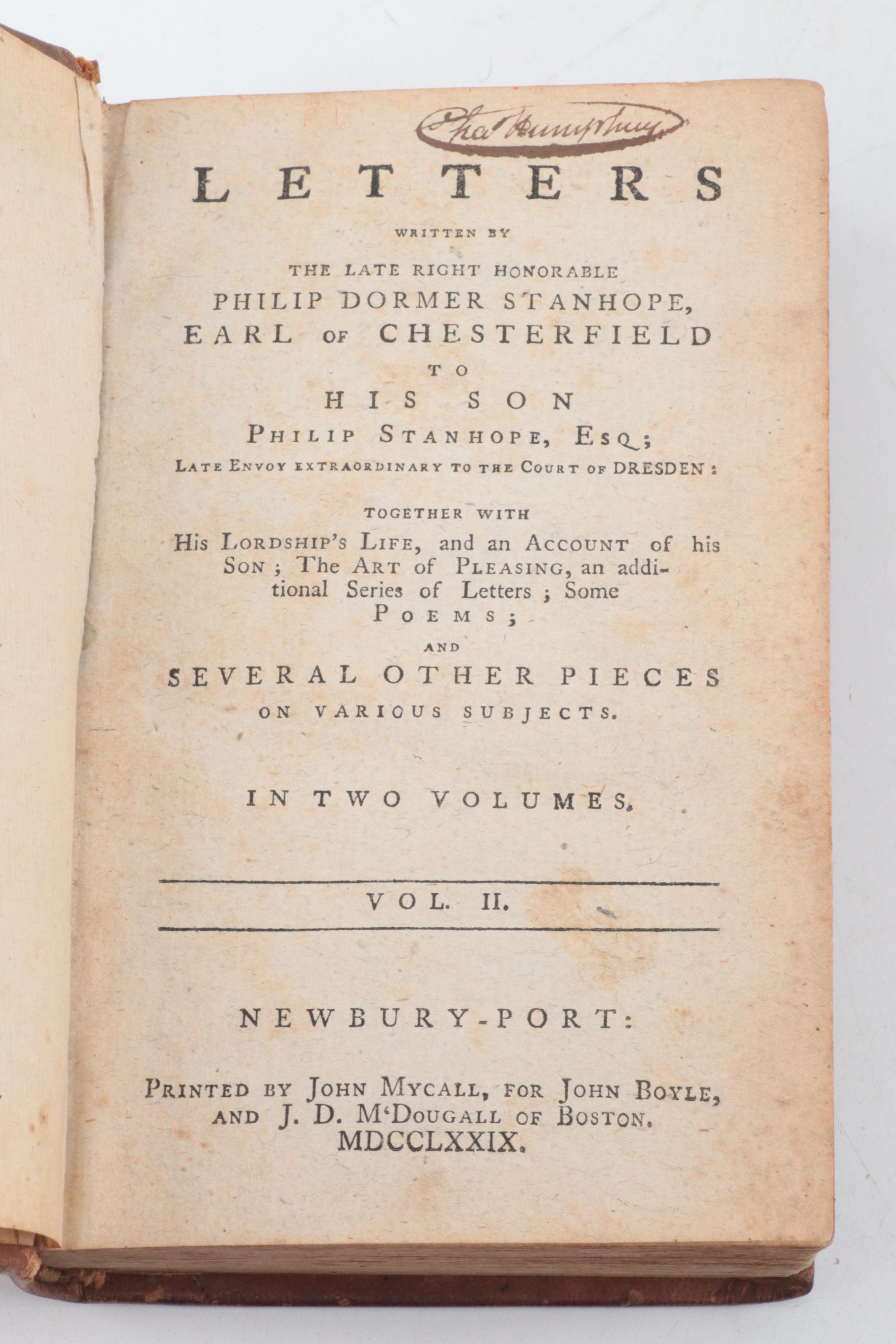"Letters Written by the Earl of Chesterfield to His Son" Two-Volume Set, 1779