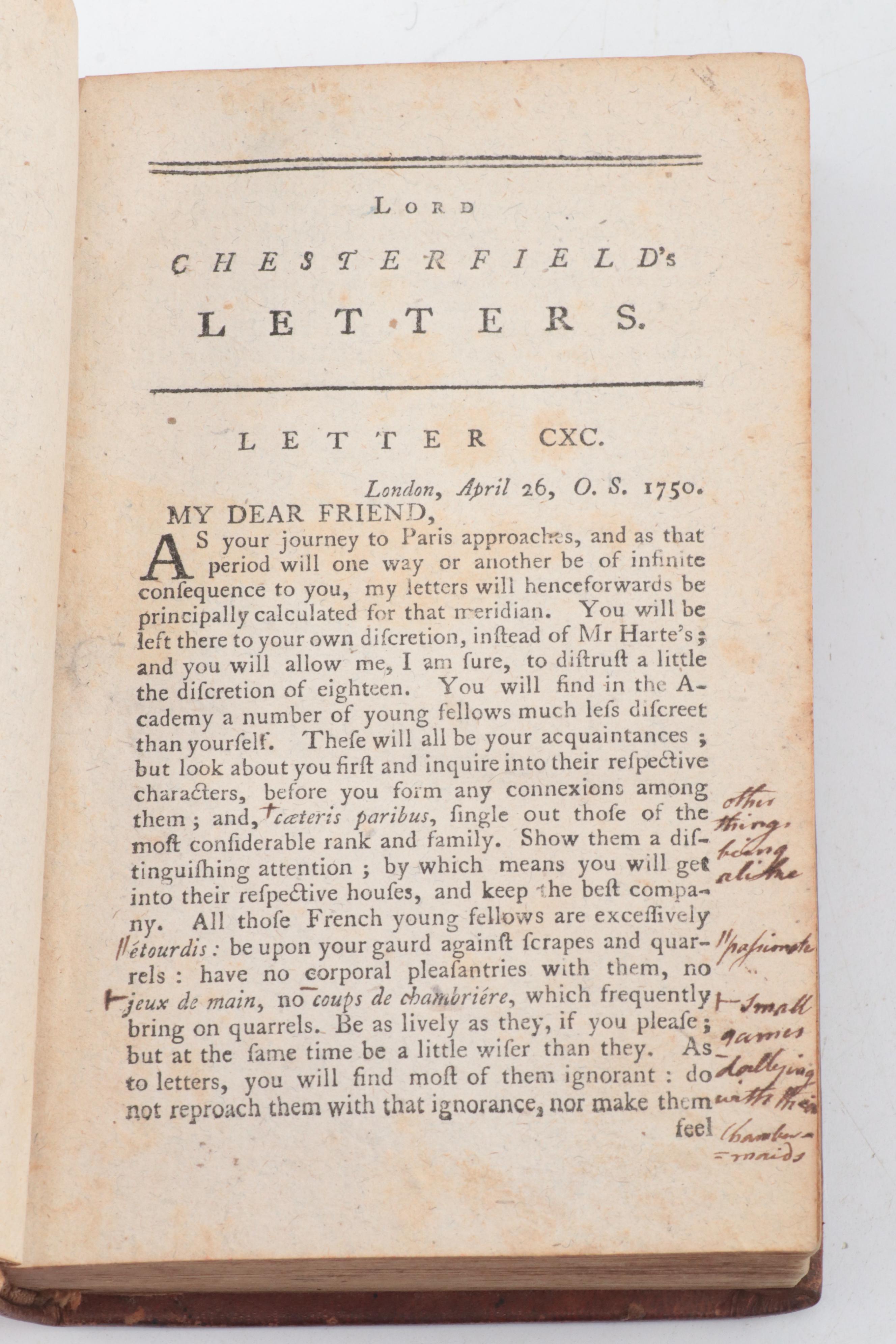 "Letters Written by the Earl of Chesterfield to His Son" Two-Volume Set, 1779