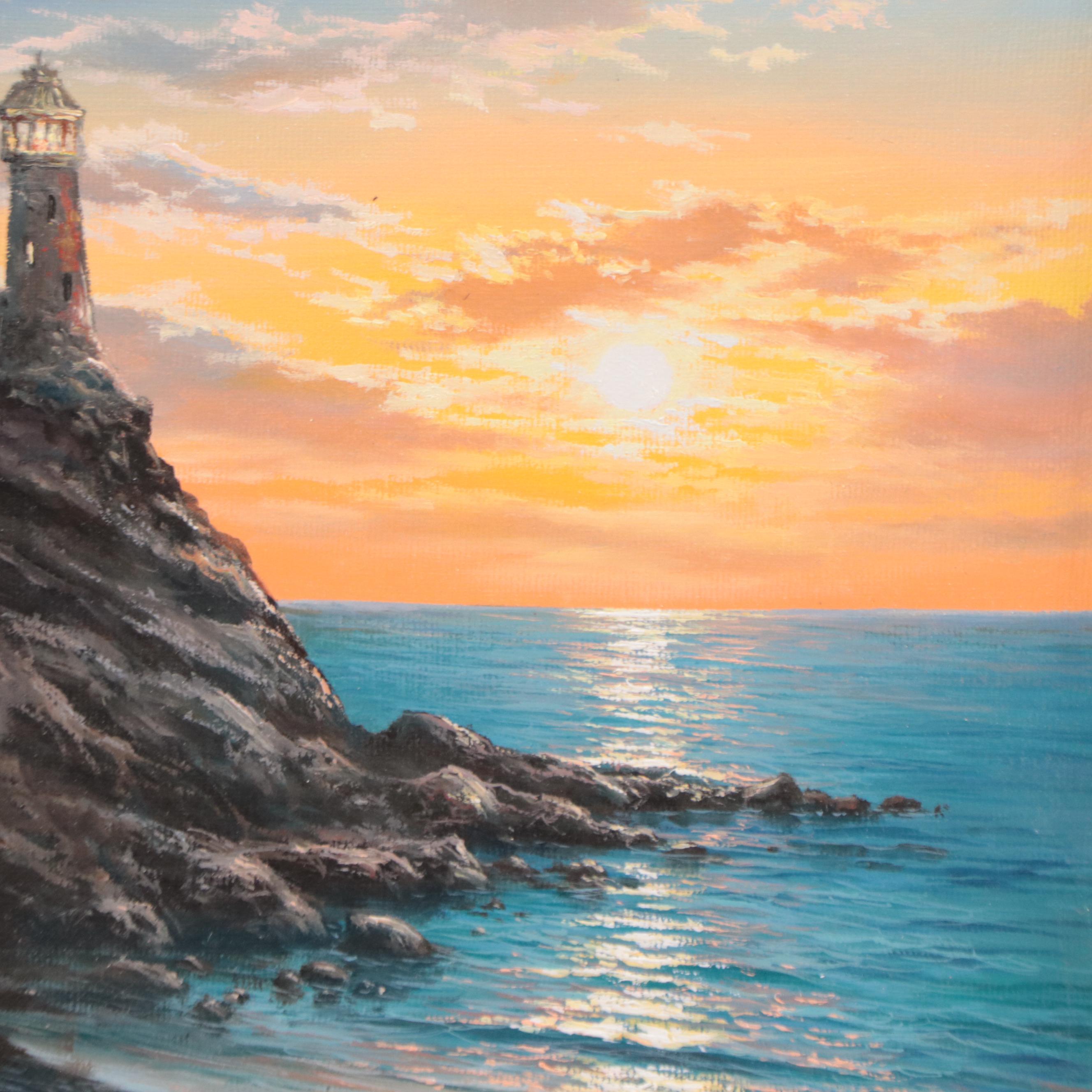 Jevgenijus Litvinas Oil Painting of Ocean and Lighthouse