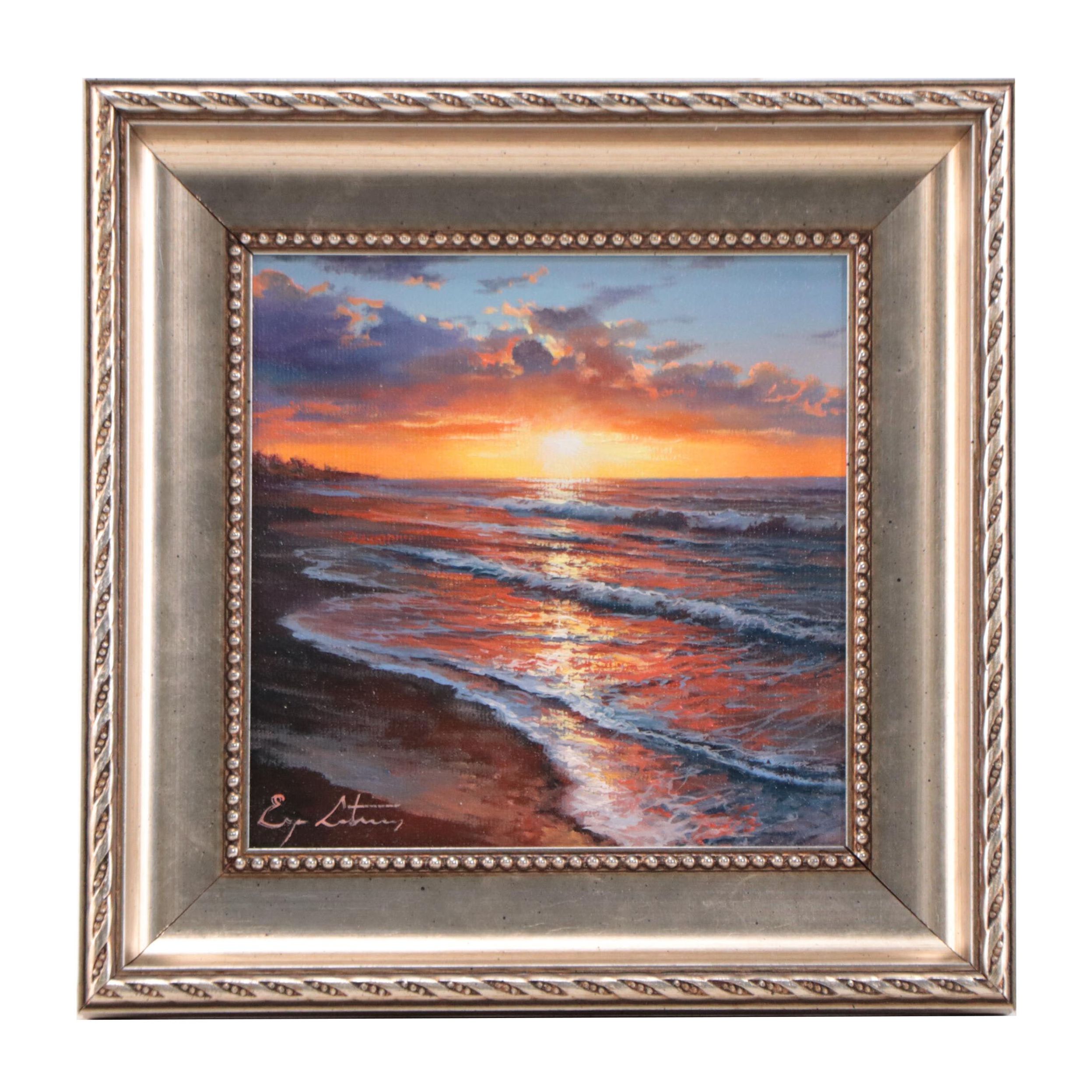 Jevgenijus Litvinas Seascape Oil Painting of Crashing Waves at Sunset