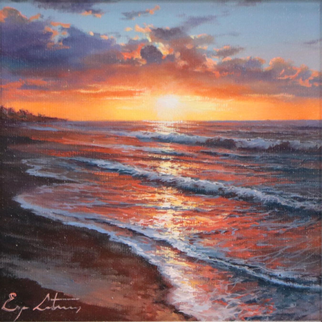 Jevgenijus Litvinas Seascape Oil Painting of Crashing Waves at Sunset