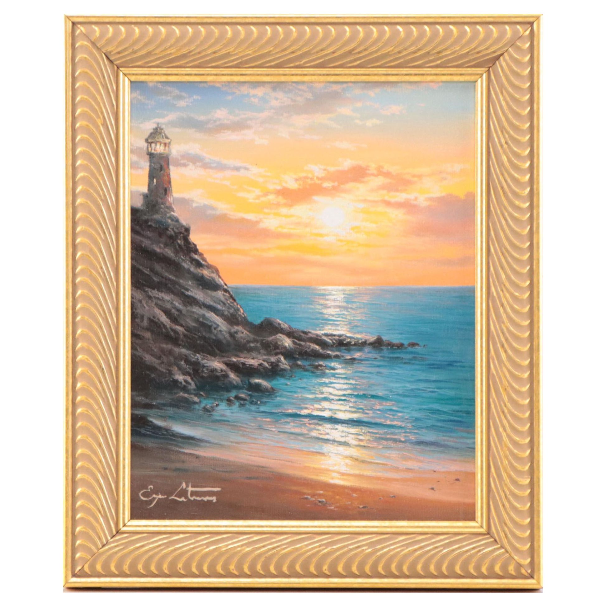 Jevgenijus Litvinas Oil Painting of Ocean and Lighthouse