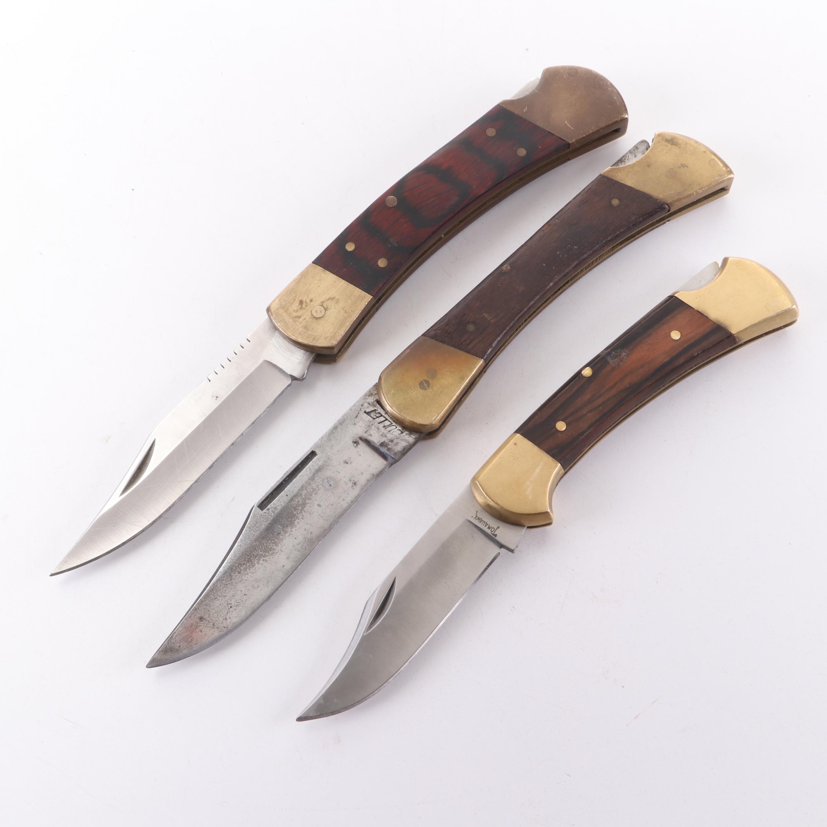 Tomahawk, Bullet with Other Wooden and Brass Handled Folding Knives