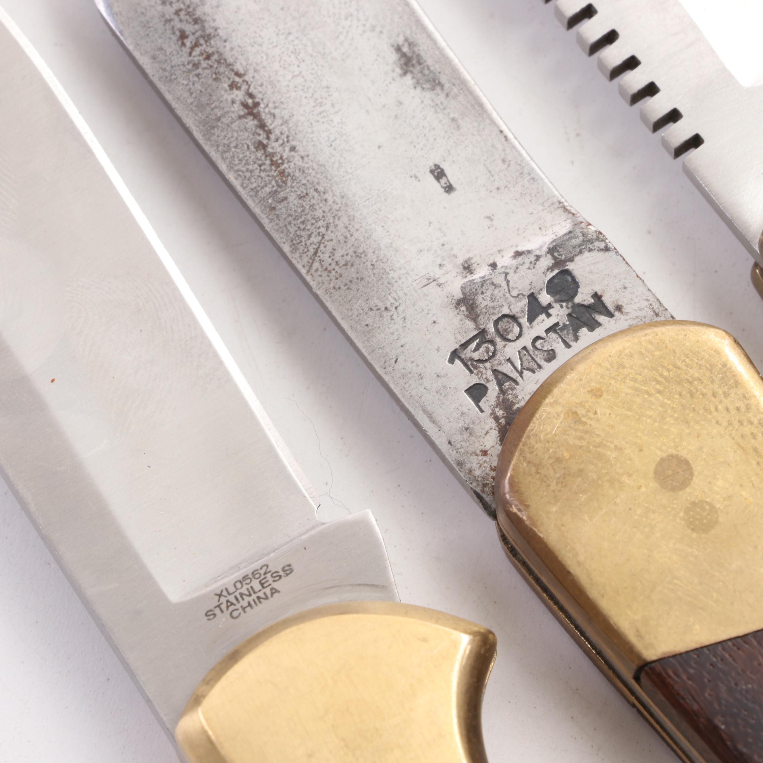 Tomahawk, Bullet with Other Wooden and Brass Handled Folding Knives