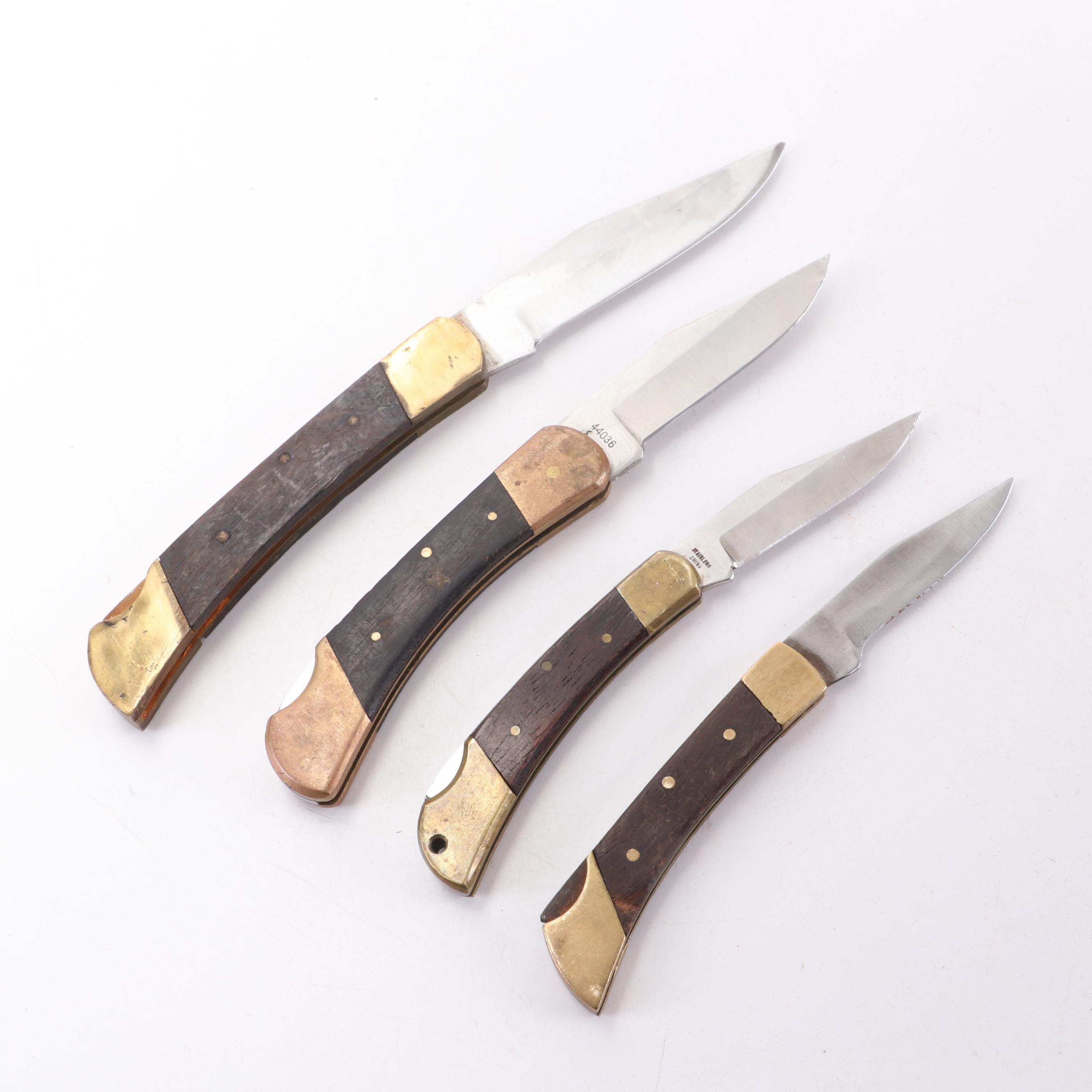Tomahawk, Bullet with Other Wooden and Brass Handled Folding Knives
