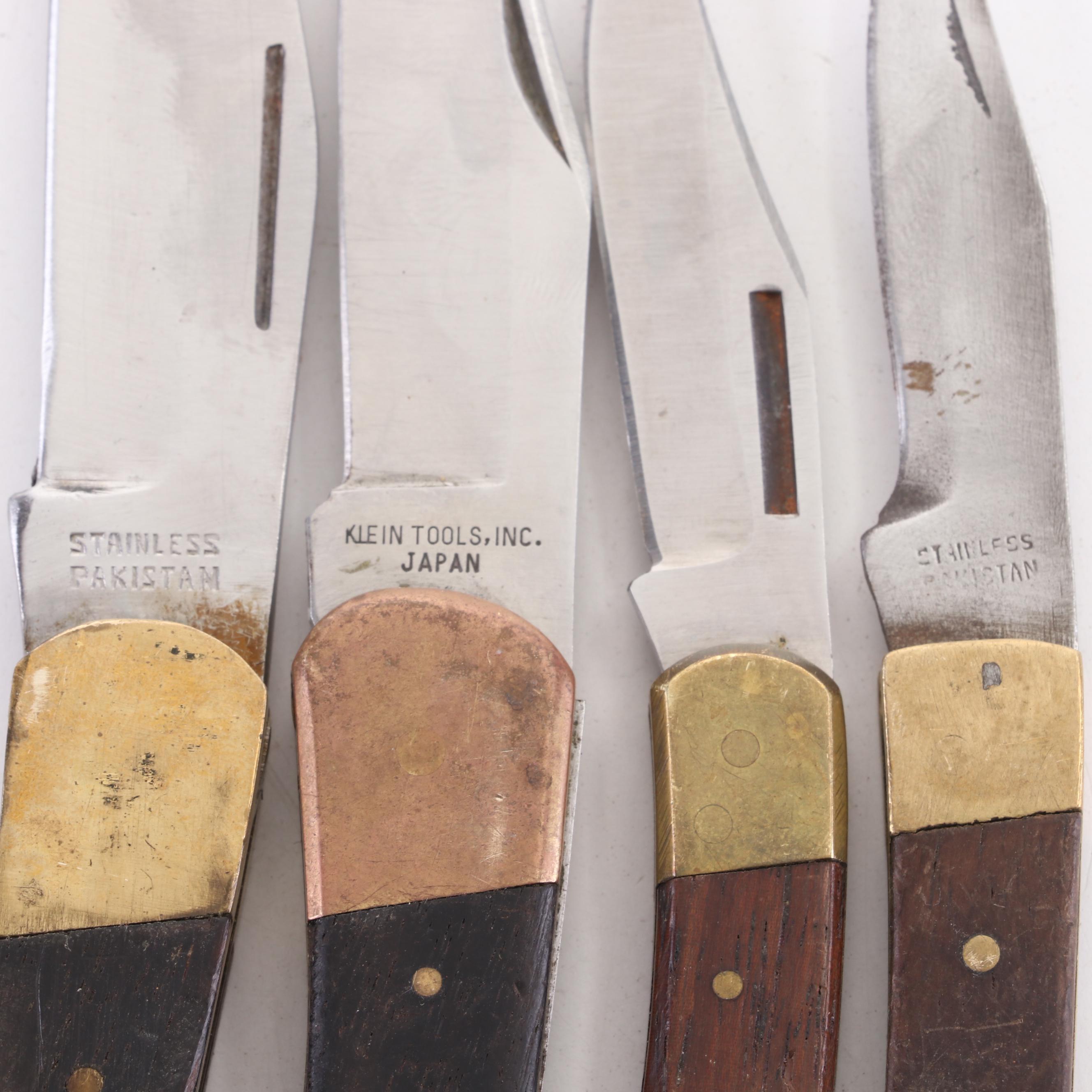 Tomahawk, Bullet with Other Wooden and Brass Handled Folding Knives