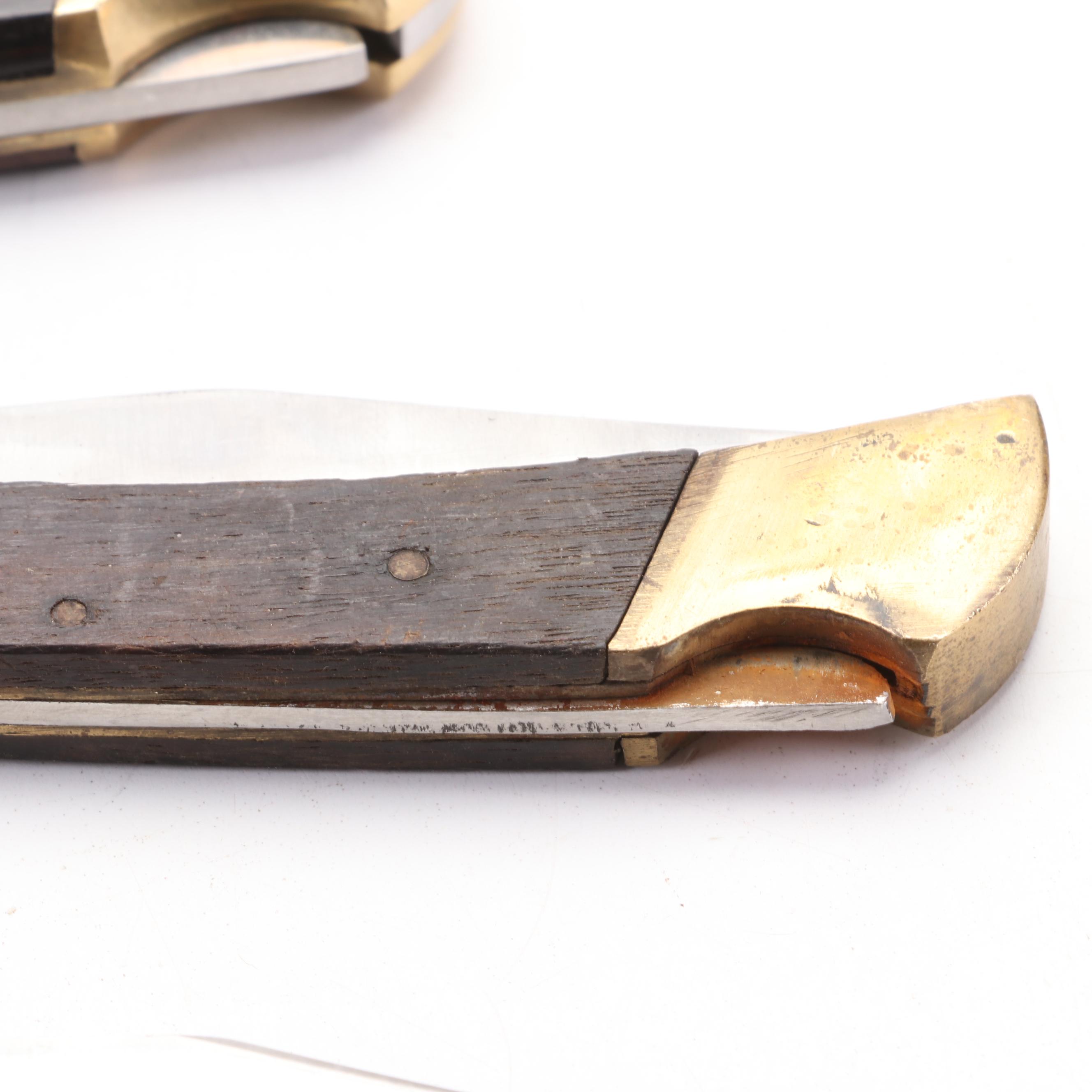 Tomahawk, Bullet with Other Wooden and Brass Handled Folding Knives