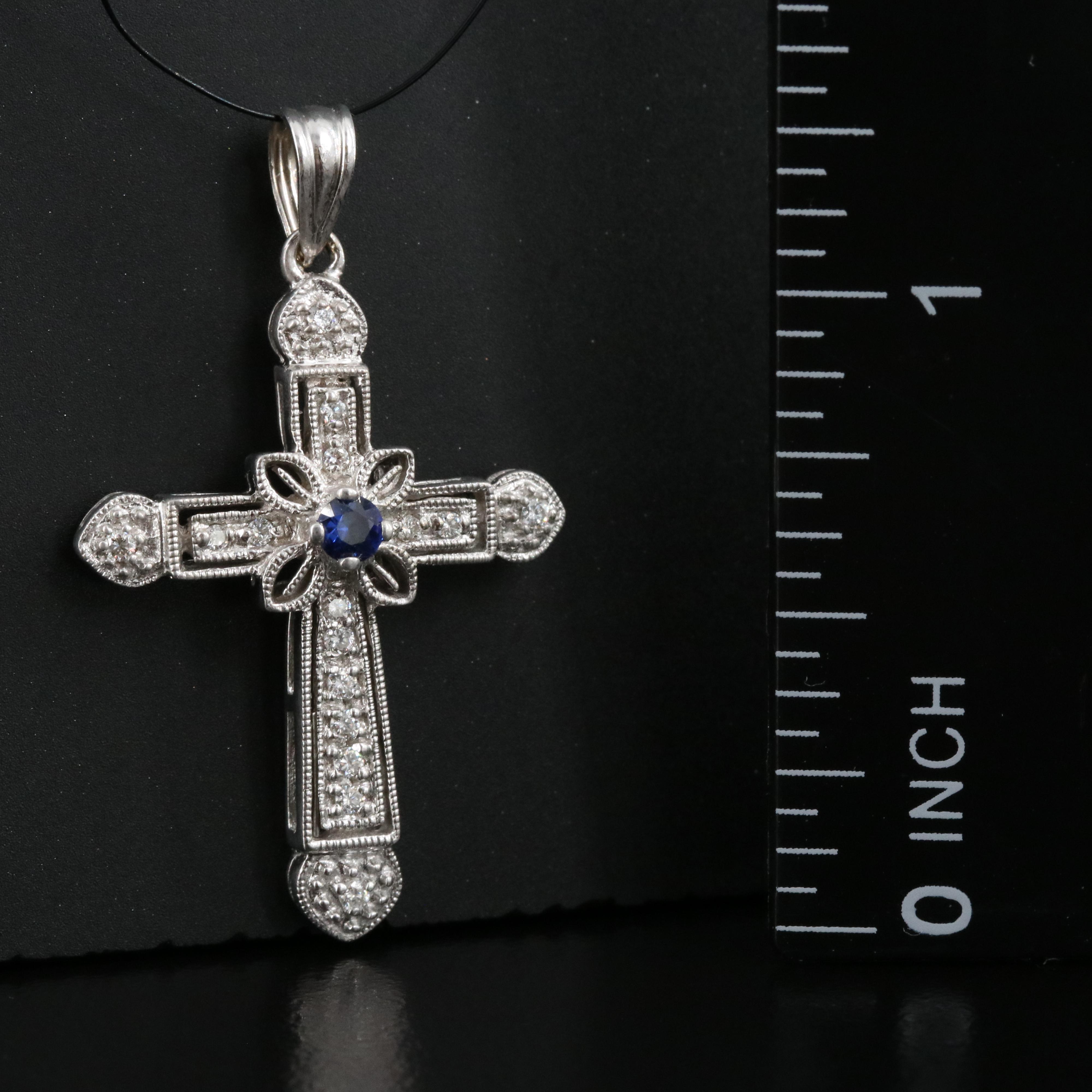 14K Sapphire and Diamond Cross Pendant with Milgrain Trim