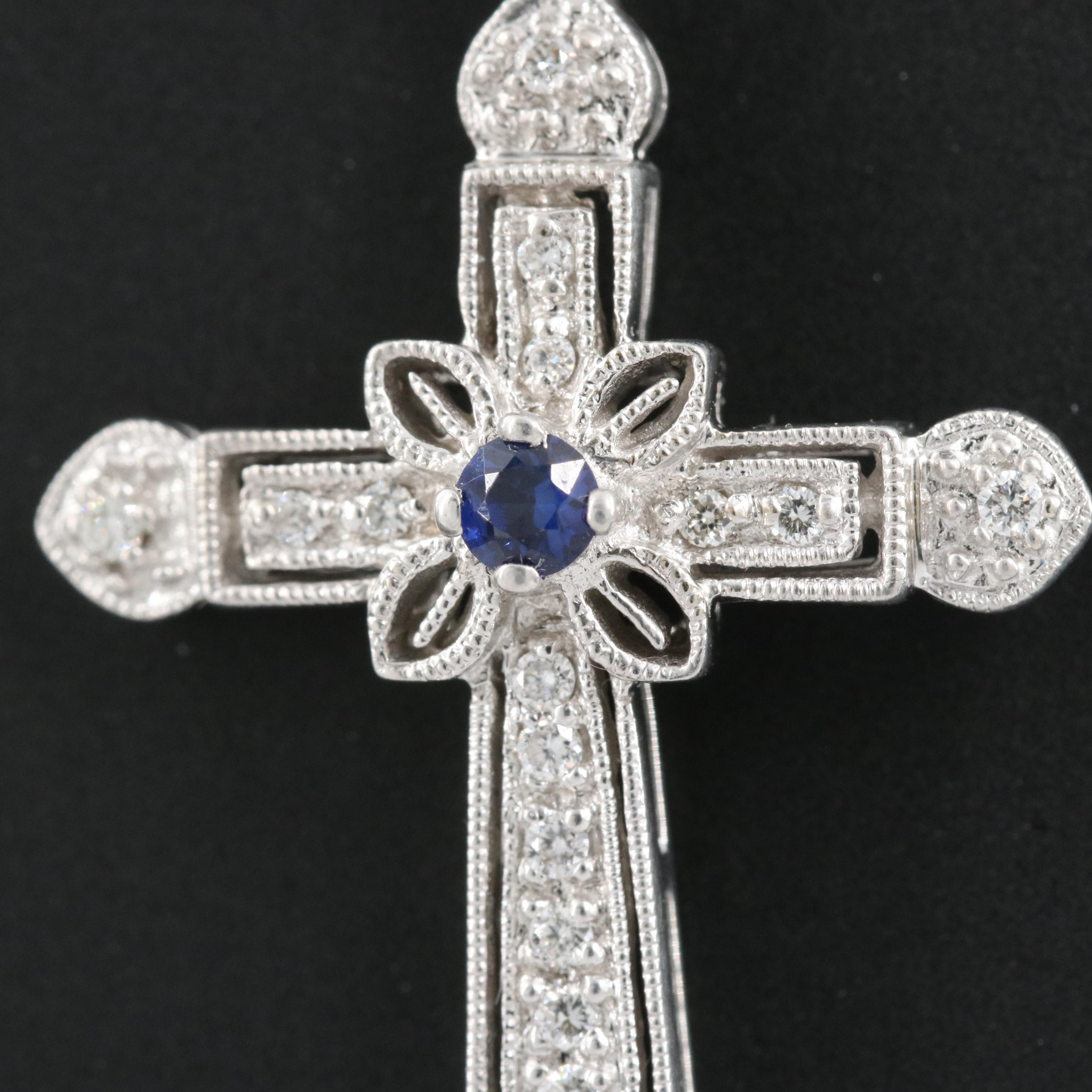 14K Sapphire and Diamond Cross Pendant with Milgrain Trim