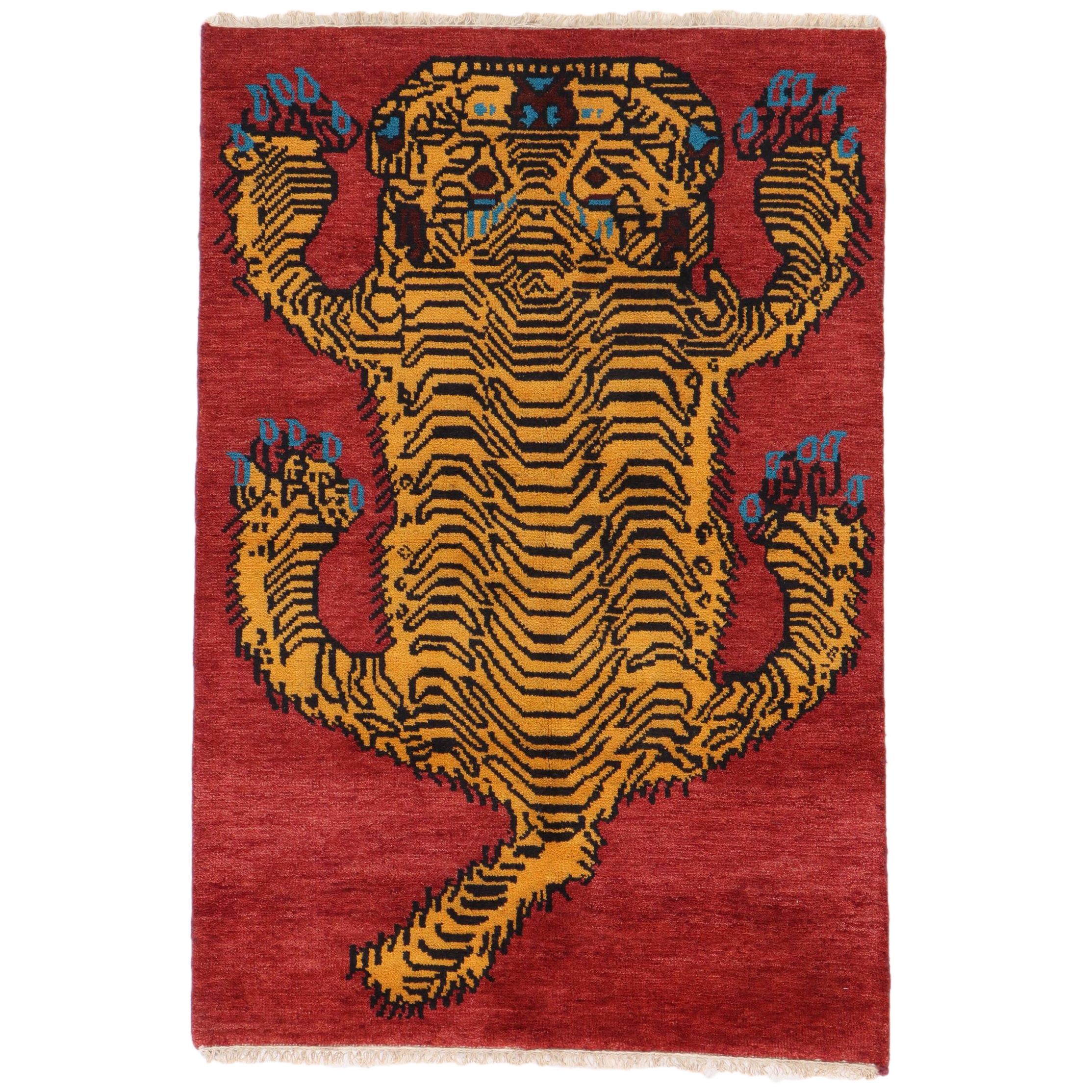 3'11 x 6' Hand-Knotted Tibetan Pictorial Tiger Area Rug
