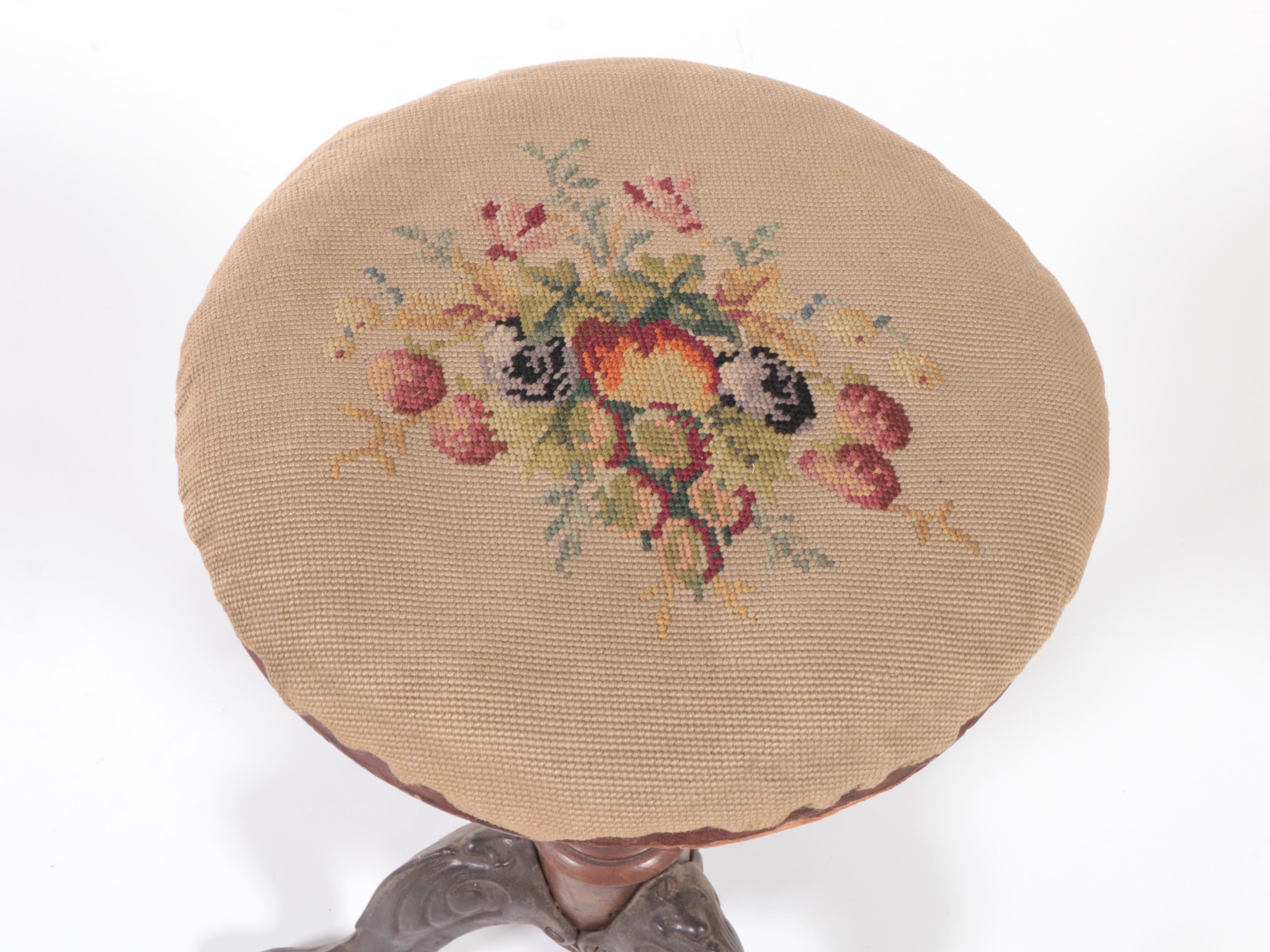 Victorian Iron and Wood Piano Stool with Needlepoint Cover, Circa 1900